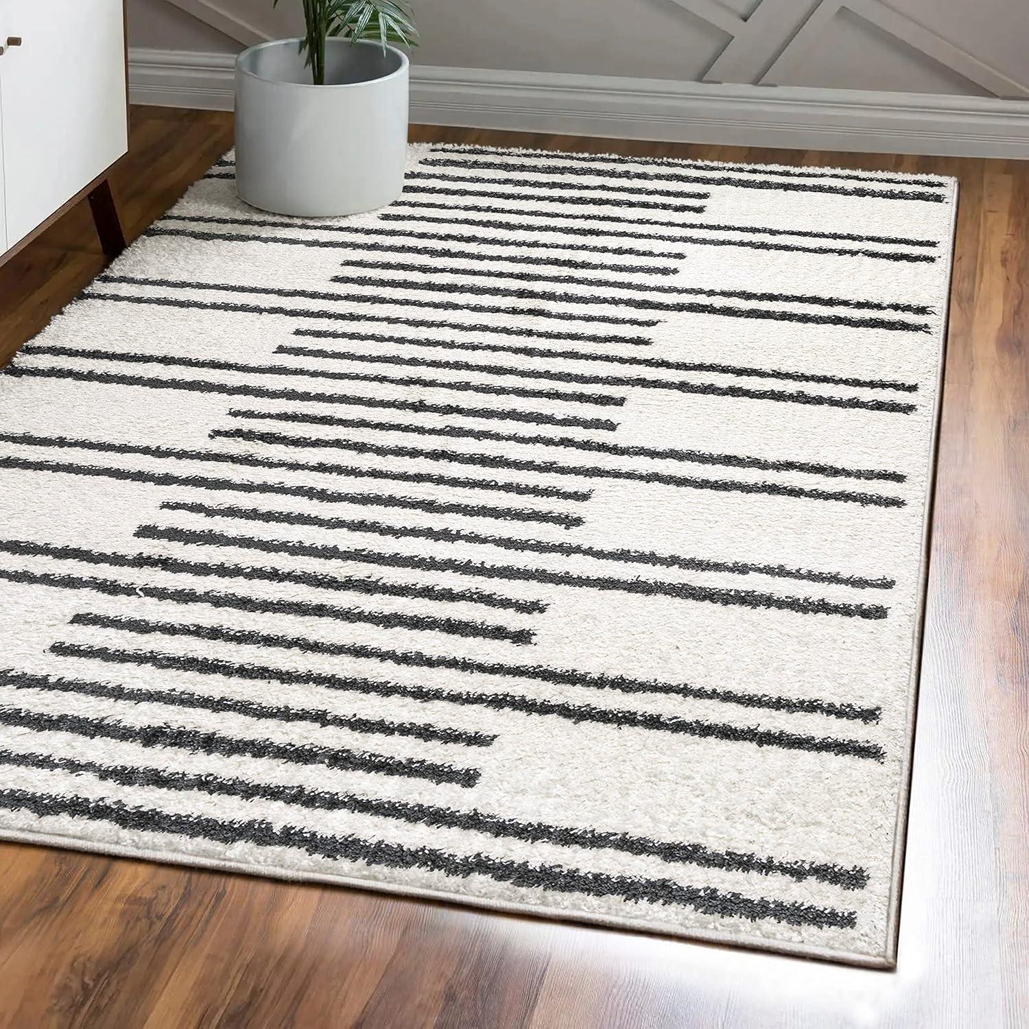 Ivory and Gray Striped Shag Area Rug 3 x 5