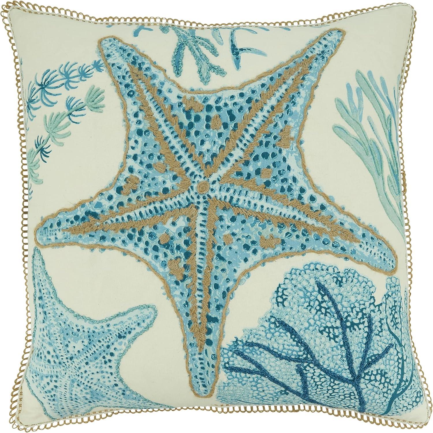 Aqua and Beige Starfish Design Square Throw Pillow