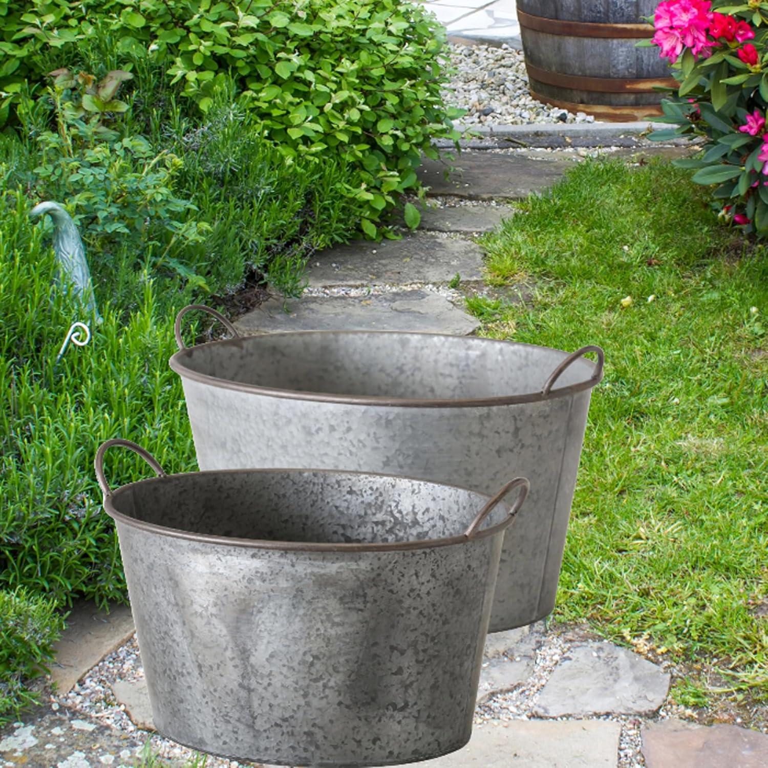 WHW 22'' and 18'' Oval Gray Zinc Basin Tubs Planters (2 Count)