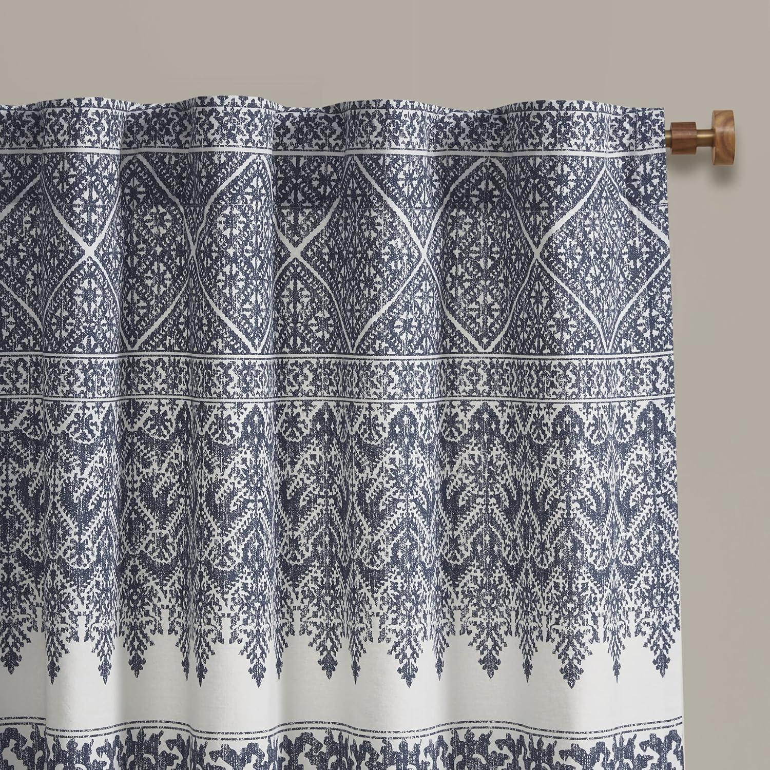 Navy and White Cotton Boho Chenille Curtain Panel