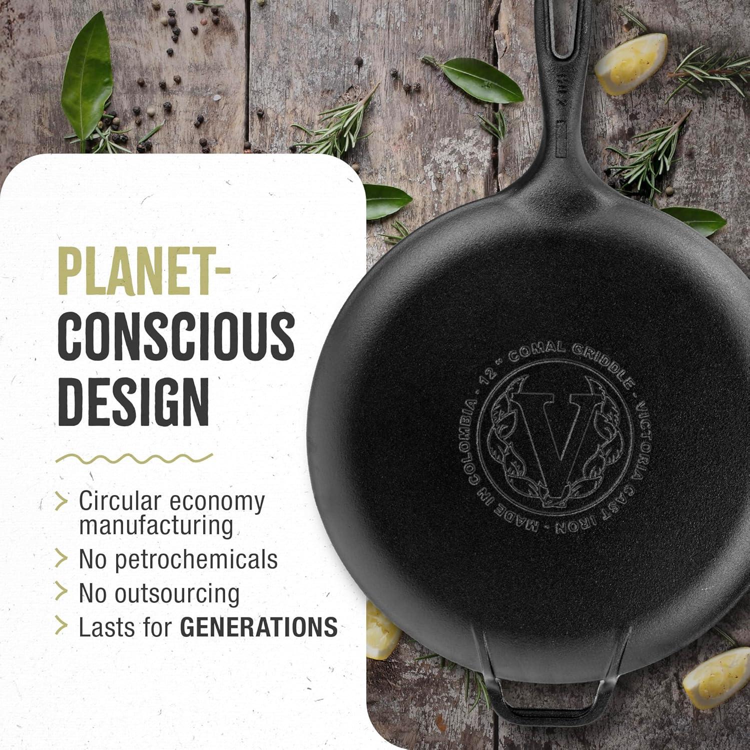 Victoria Cast Iron Round Pan Comal Griddle Seasoned with 100% Kosher Certified Non-GMO Flaxseed Oil, 12", Black