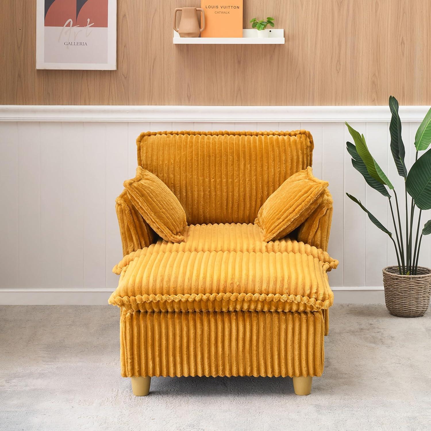 Everly Quinn This single-seat corduroy sofa comes with an ottoman and throw pillows