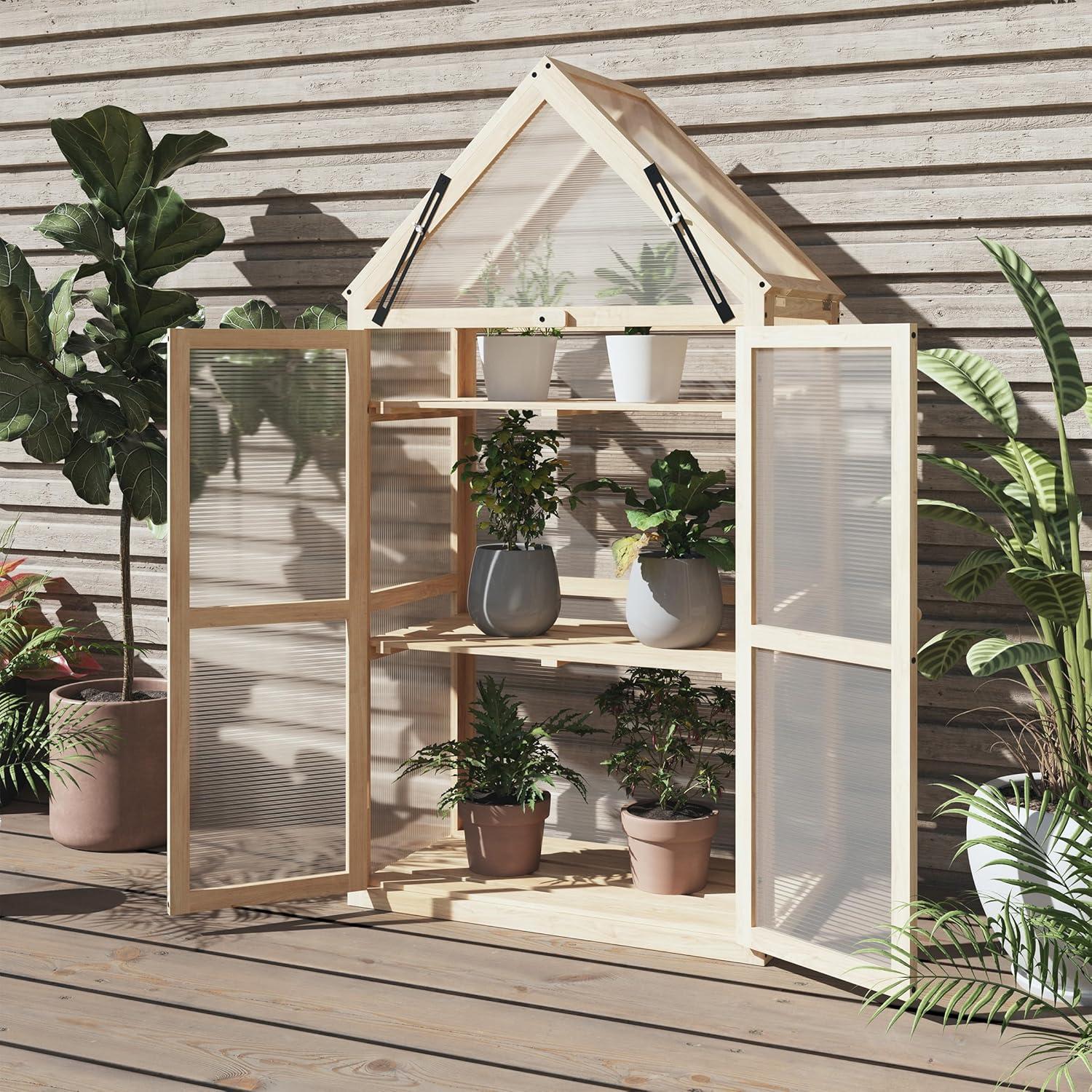 Home-Complete Wood Cold Frame Greenhouse with Adjustable Shelves