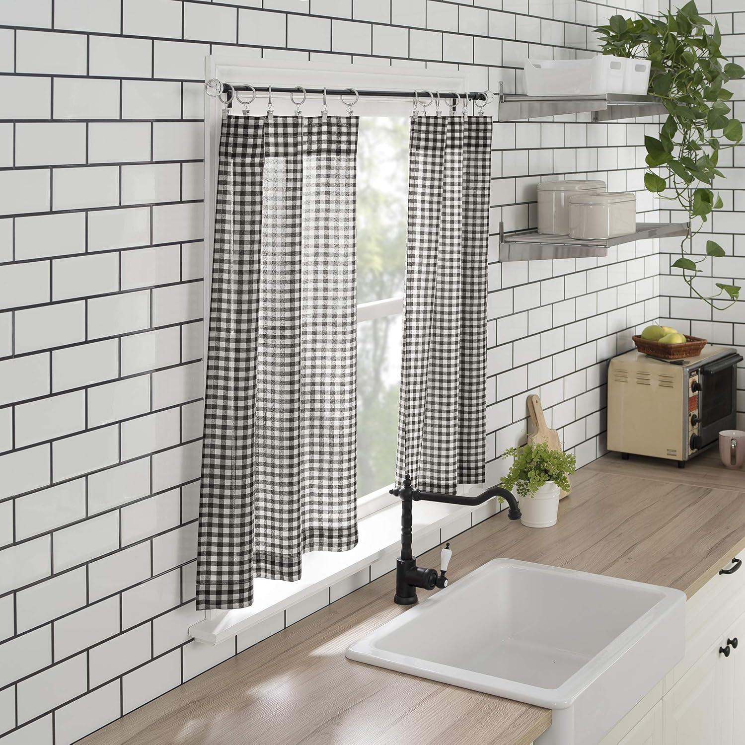 Parkham Black and White Plaid Semi-Sheer Kitchen Curtain Set