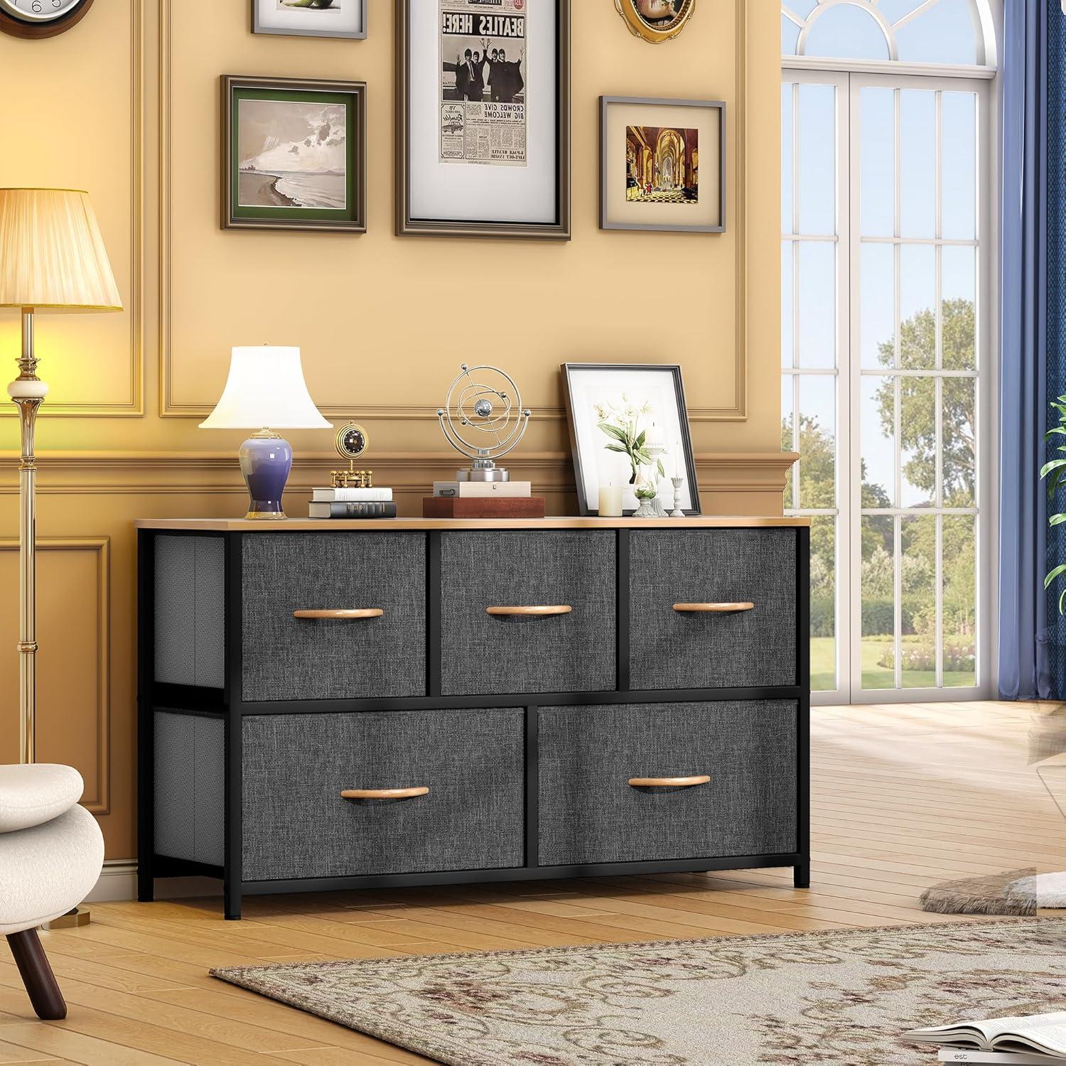 Cool Gray Fabric and Metal Nursery Dresser with Wooden Top