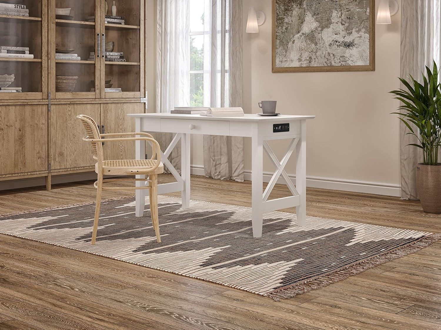 Sleek Solid Hardwood Writing Desk with Charging Drawer in Satin White