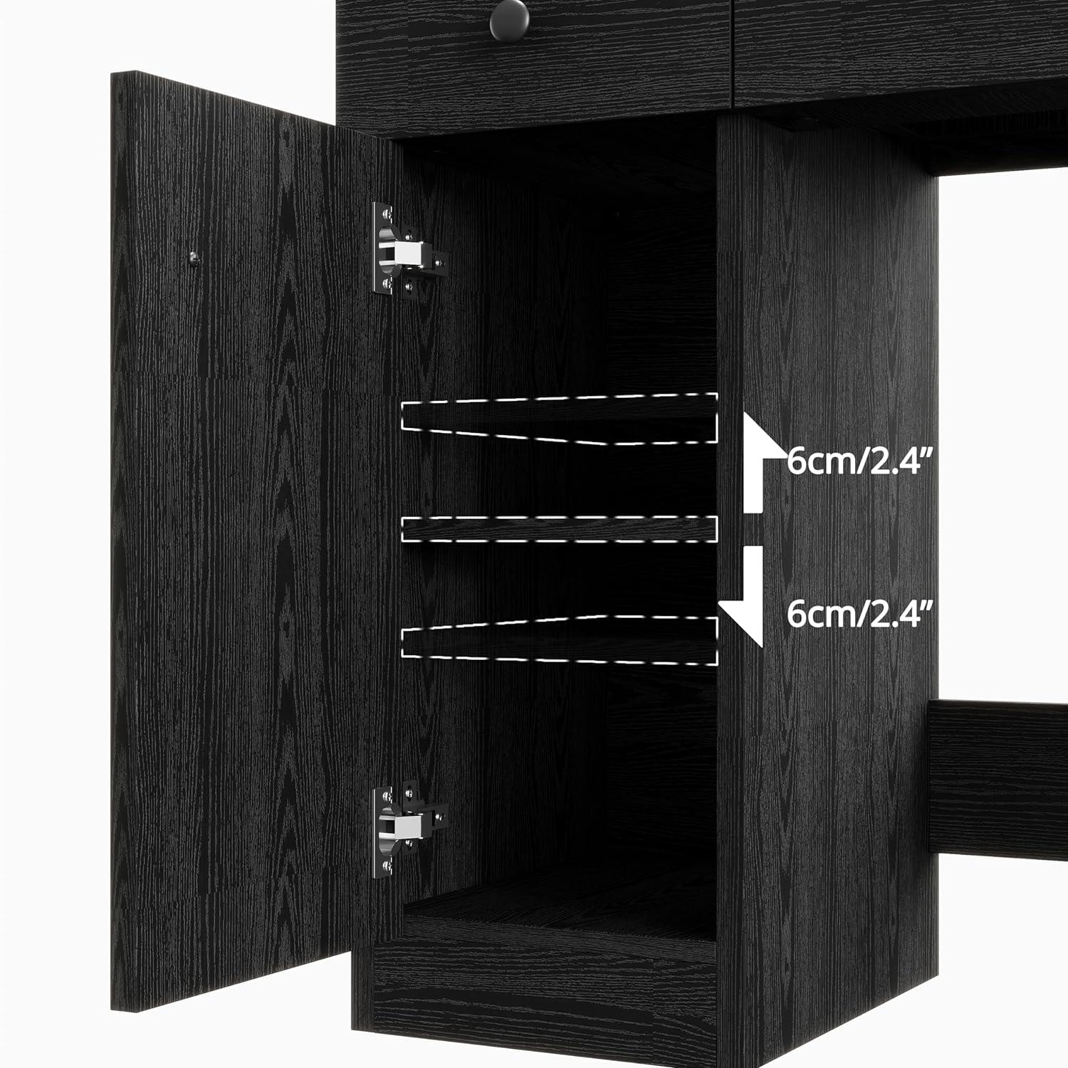 Black Iron Vanity Desk with LED Mirror and Storage Bench