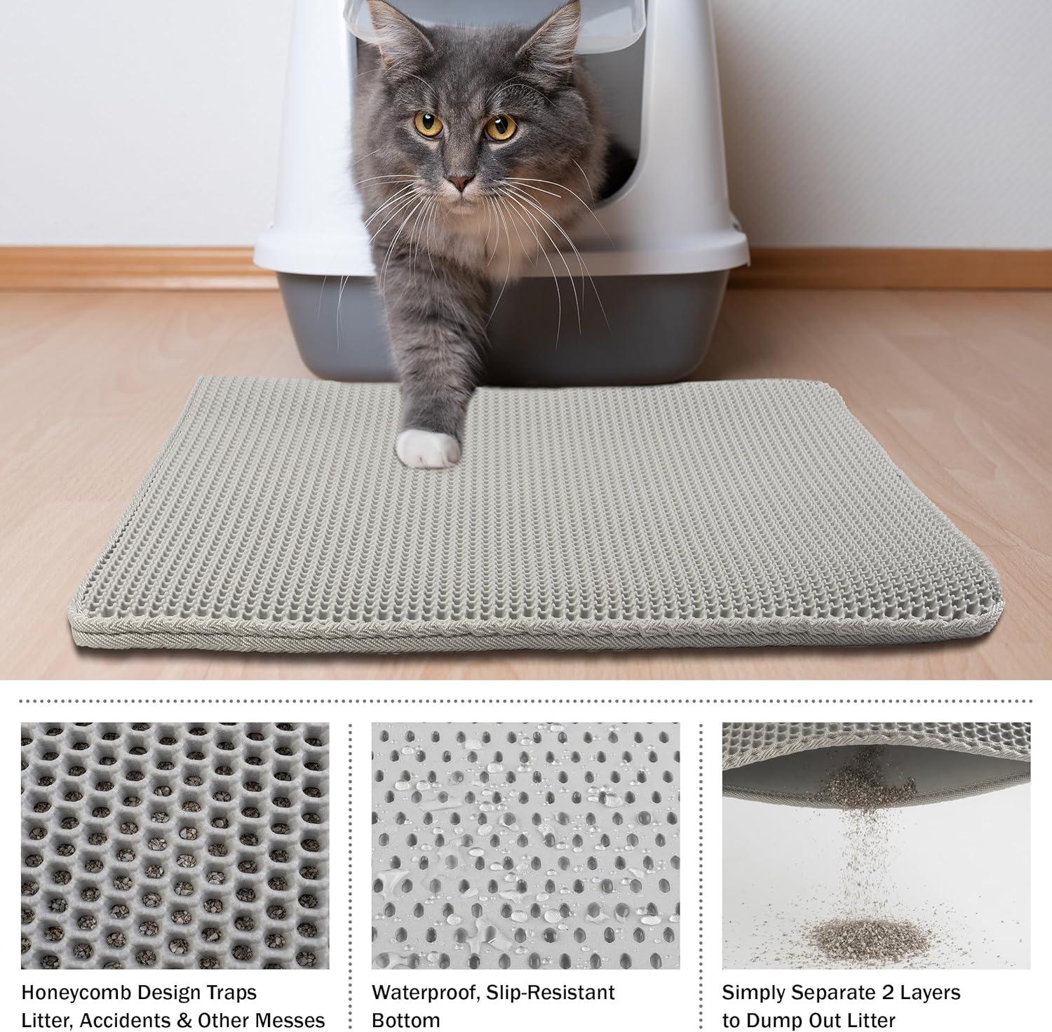 Cat Litter Mat - 30x24 Waterproof Litter Box Mat with Dual-Layer Honeycomb Design for Trapping Litter - Slip-Resistant Cat Mat