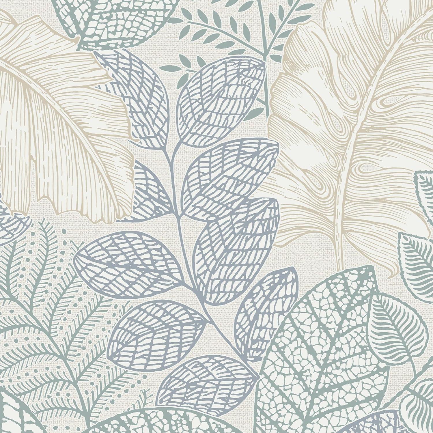 Scattered Leaves Blue and Beige Metallic Wallpaper