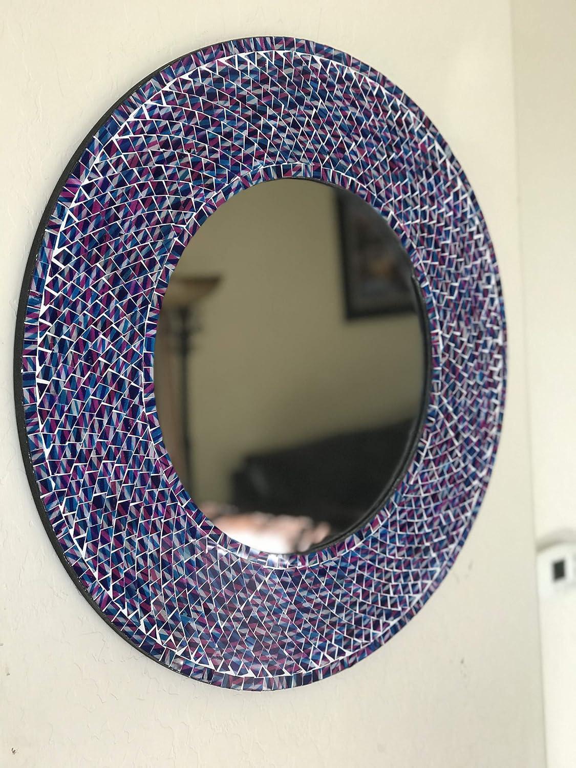 DecorShore 24 inch Round Wall Mirror Decorative Mosaic Bathroom Mirror | Art Wall Mirror | Wall Mounted Mirror Accent Decor in Blue Purple