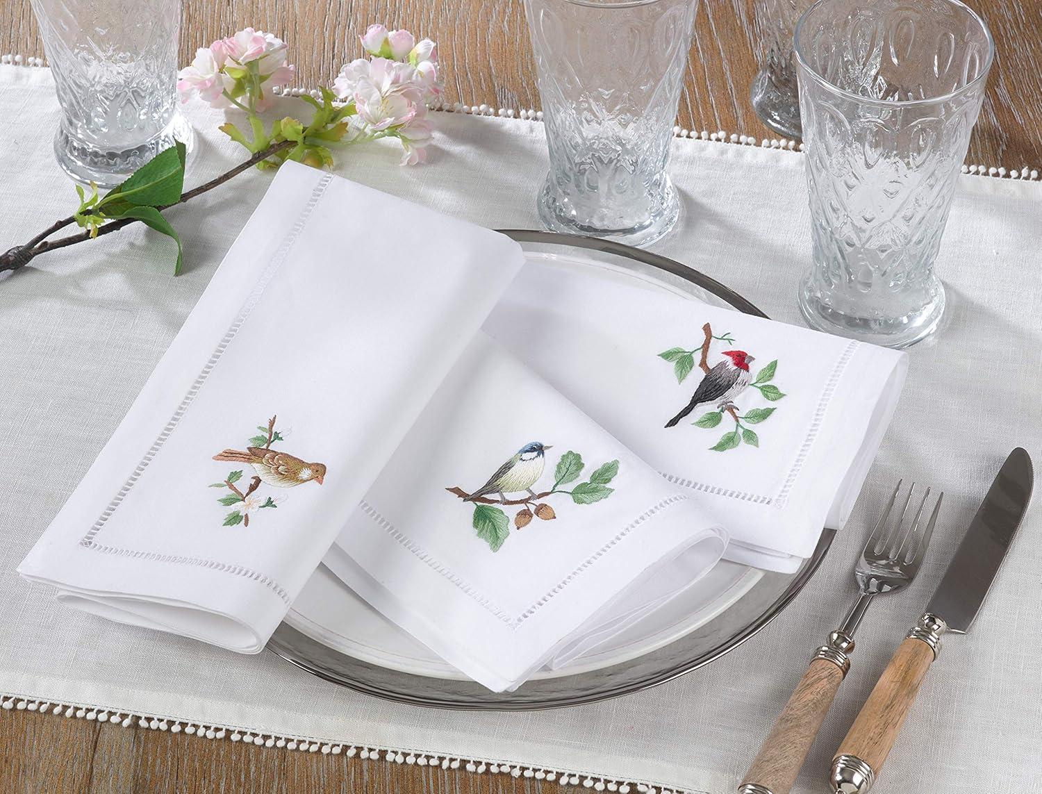 White Cotton Napkins with Woodpecker Embroidery, Set of 6