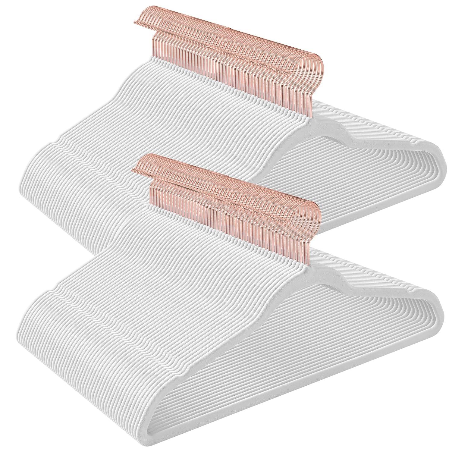 50 Pack Velvet Hangers Non-Slip Clothes Hanger with Rose Gold-Colored Swivel Hooks Space Saving White