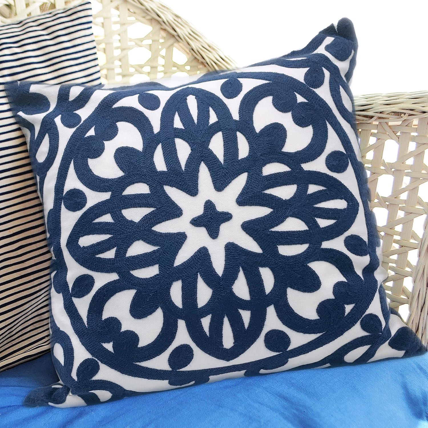 Navy Blue Embroidered Cotton Boho Euro Pillow Cover 18x18