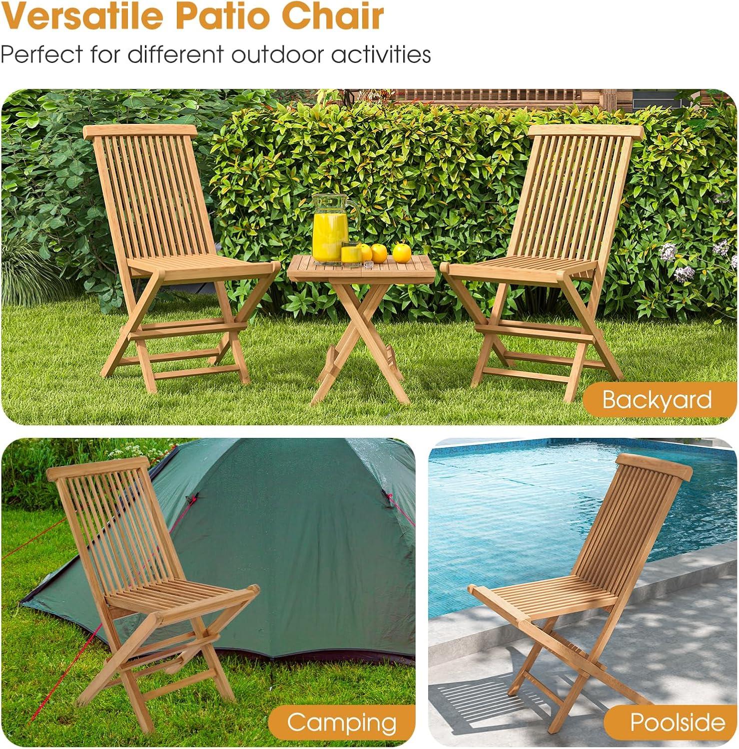 YYAo Folding Outdoor Chair, Folding Chair, Portable Dining Chair, Set of 2 Teak Patio Folding Chairs with High Back and Slatted Seat