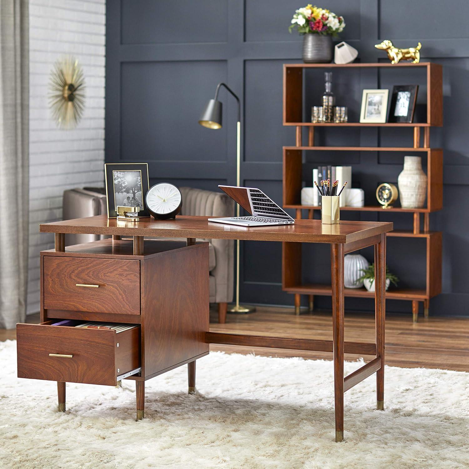Buylateral Margo Mid Century Modern Desk Walnut: Mid-Century Modern, Pine Wood, Brass Tone Handles, 2 Drawers