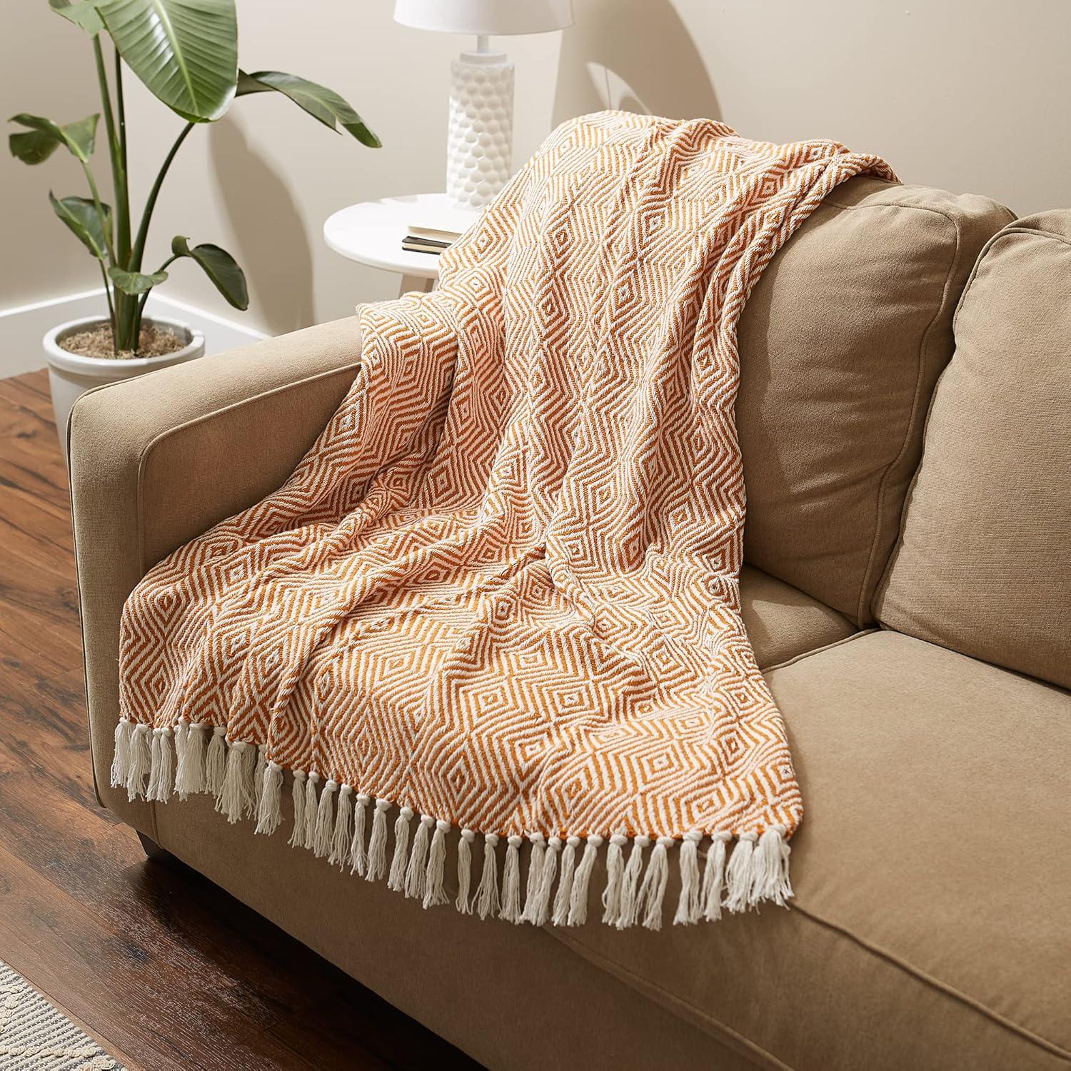 Pumpkin Spice Cotton Reversible Geometric Throw Blanket