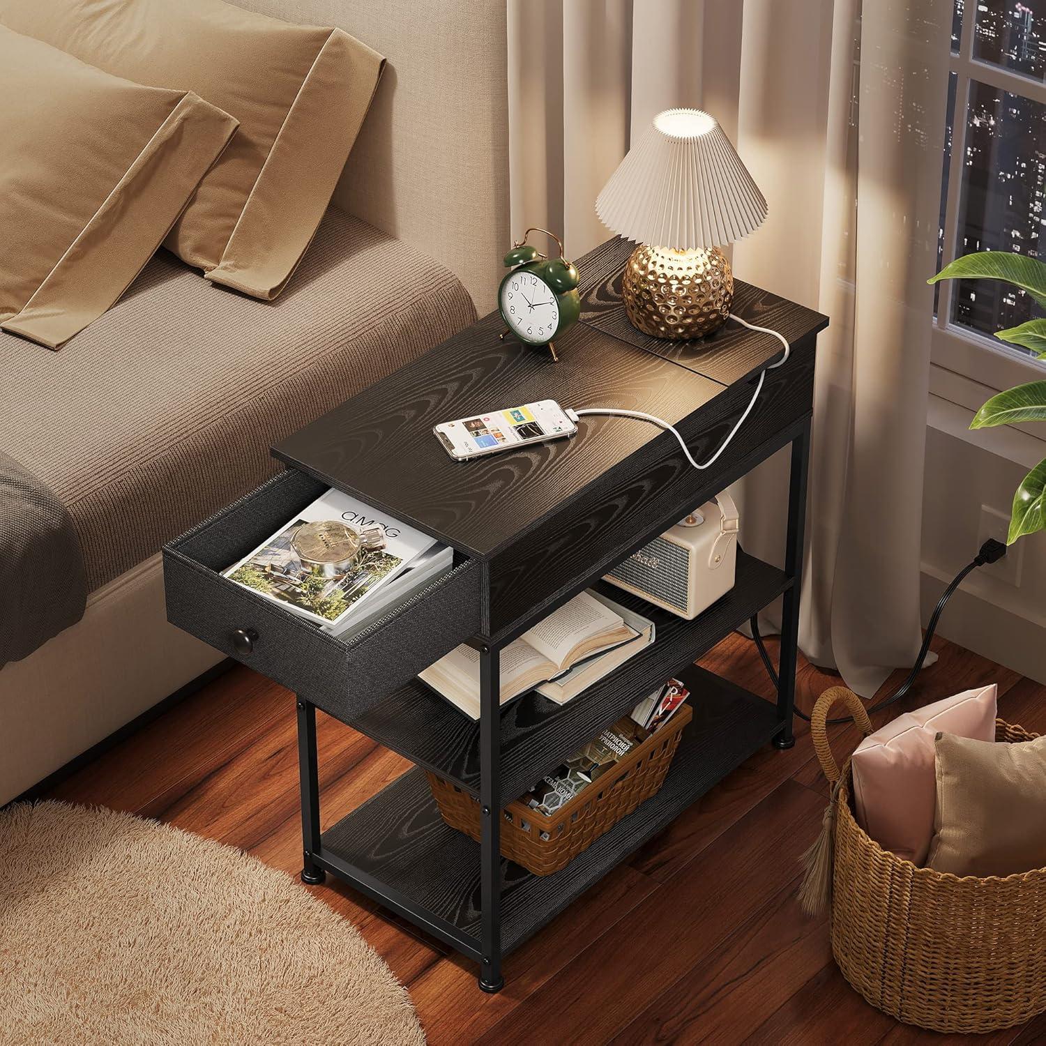 Black Wood Narrow Side Table with Storage and USB Ports