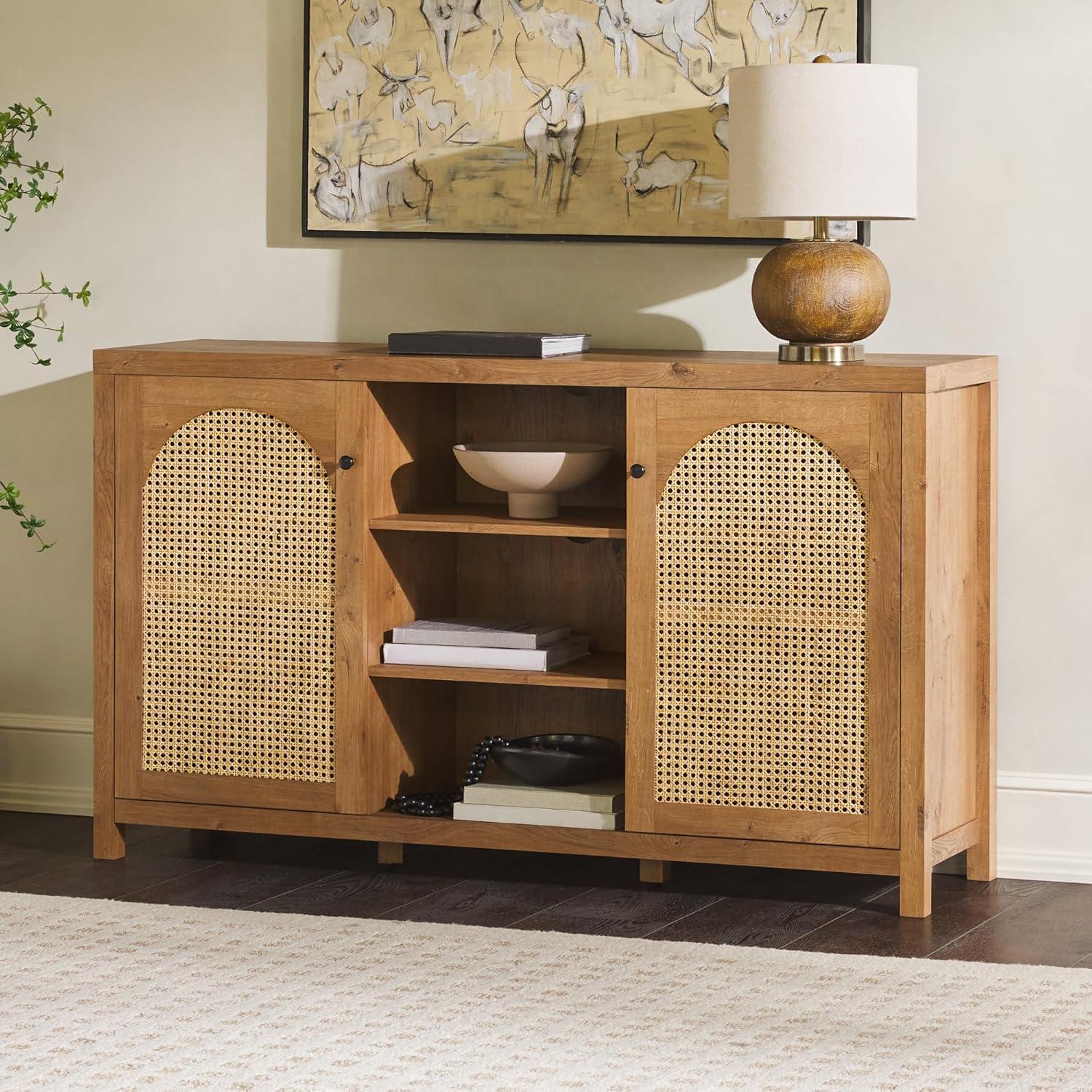 English Oak 58" Modern Rattan & Wood Sideboard