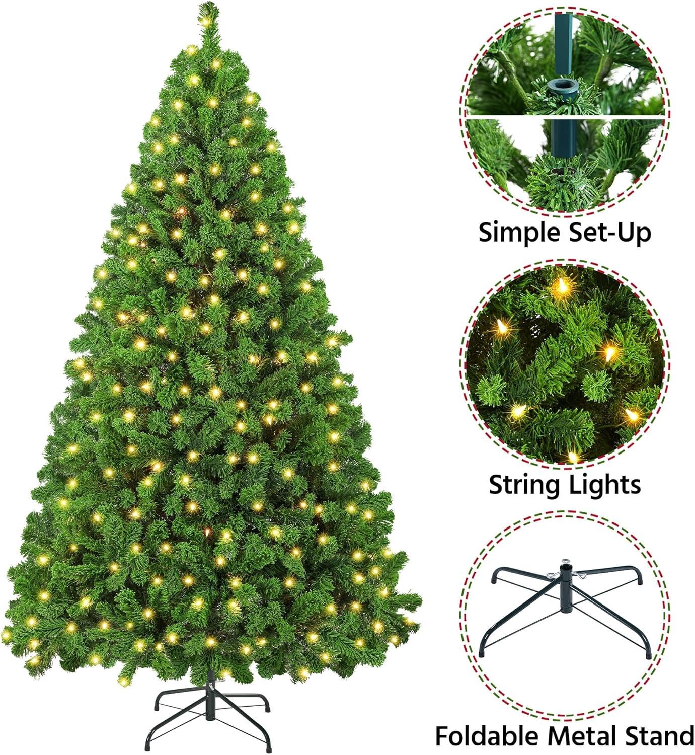 Killeryuki 6ft Pre-lit Artificial Christmas Tree with Incandescent Warm White , Snow Flocked Full Prelighted Xmas Tree with 820 Branch Tips, 250 Incandescent Lights & Foldable Stand, Pure Green