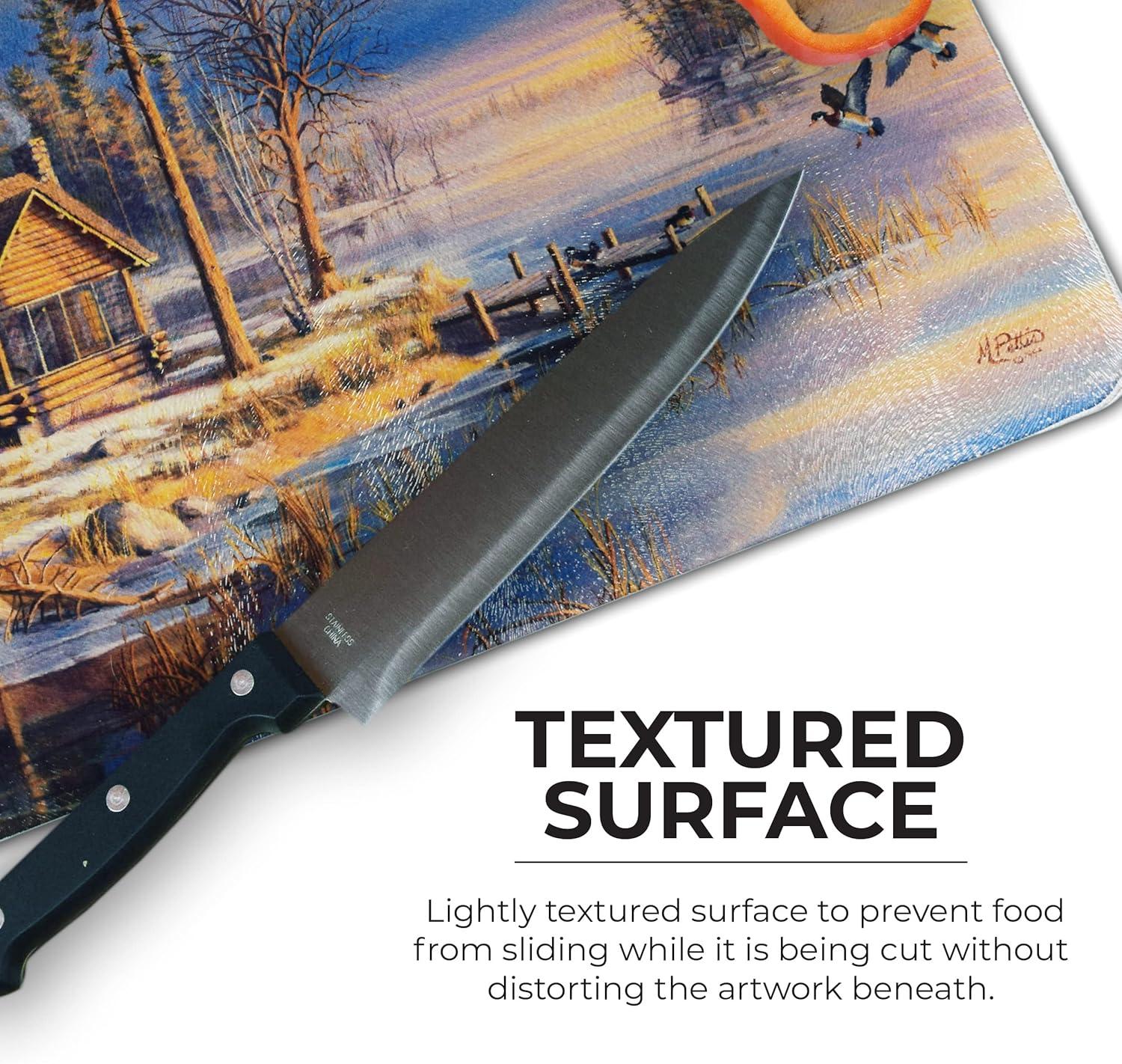Rivers Edge Products Large 12in x 16in Decorative Tempered Glass Cutting Board, Hypoallergenic, Non Slip, Textured Surface Chopping Board for Kitchen, Cabin in the Woods, Spring Arrivals