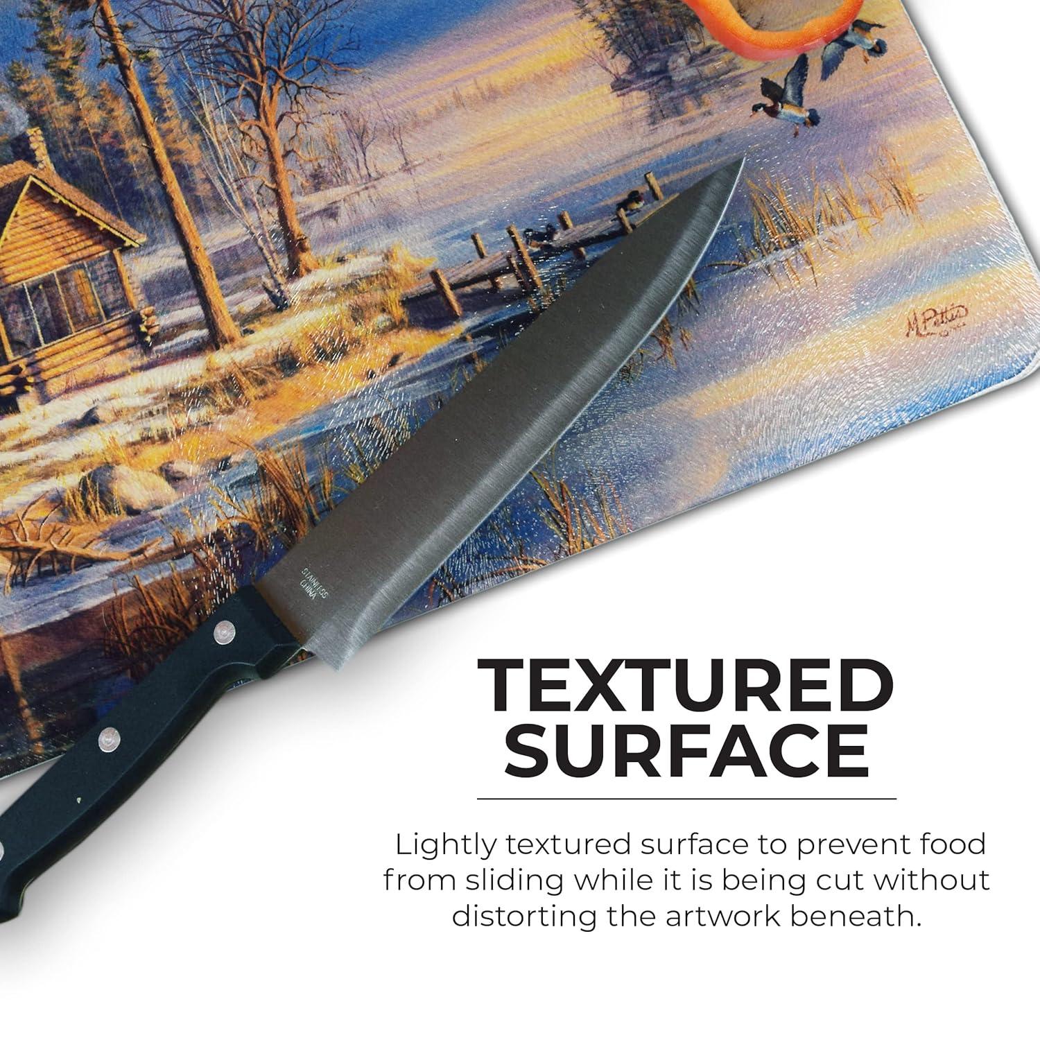 Rivers Edge Products Large 12in x 16in Decorative Tempered Glass Cutting Board, Hypoallergenic, Non Slip, Textured Surface Chopping Board for Kitchen, Cabin in the Woods, Spring Arrivals