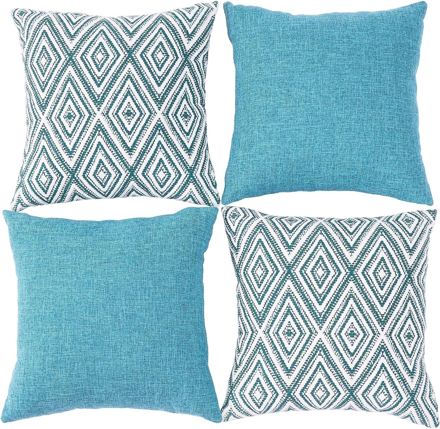 Aqua Blue Geometric Polyester Euro Throw Pillow Covers, Set of 4, 18"x18"