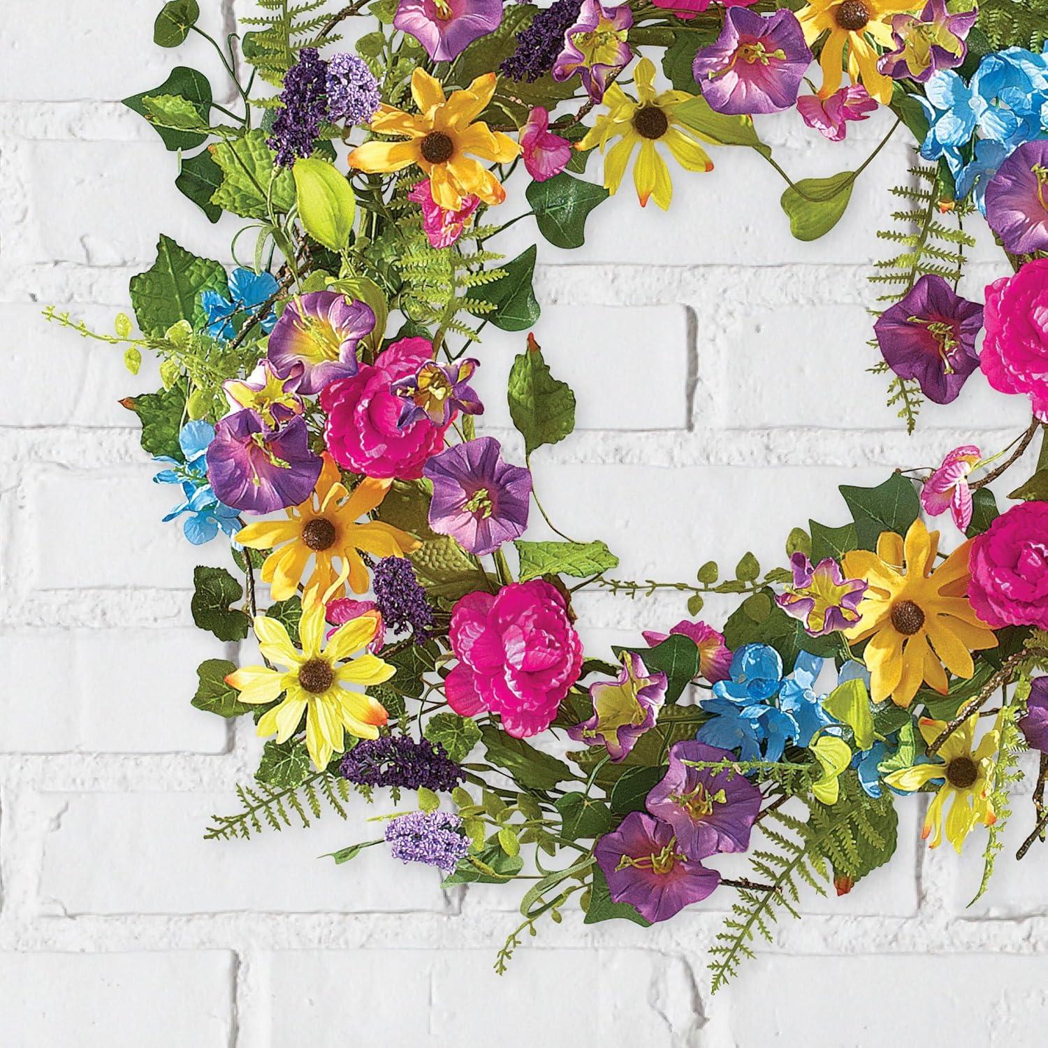 Collections Etc Colorful 17" Mixed Floral Spring Summer Wreath with Yellow Daisies