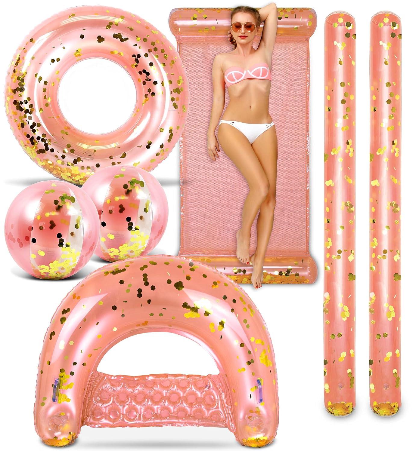 POZA Inflatable Rose Gold Full House Bundle - Premium Luxurious Sparkle Confetti 36" Pool Float Tube, 16" Beach Balls, 74" Pool Noodles, 48" Pool Chair, and 56" Water Hammock - 7 Pieces Pack