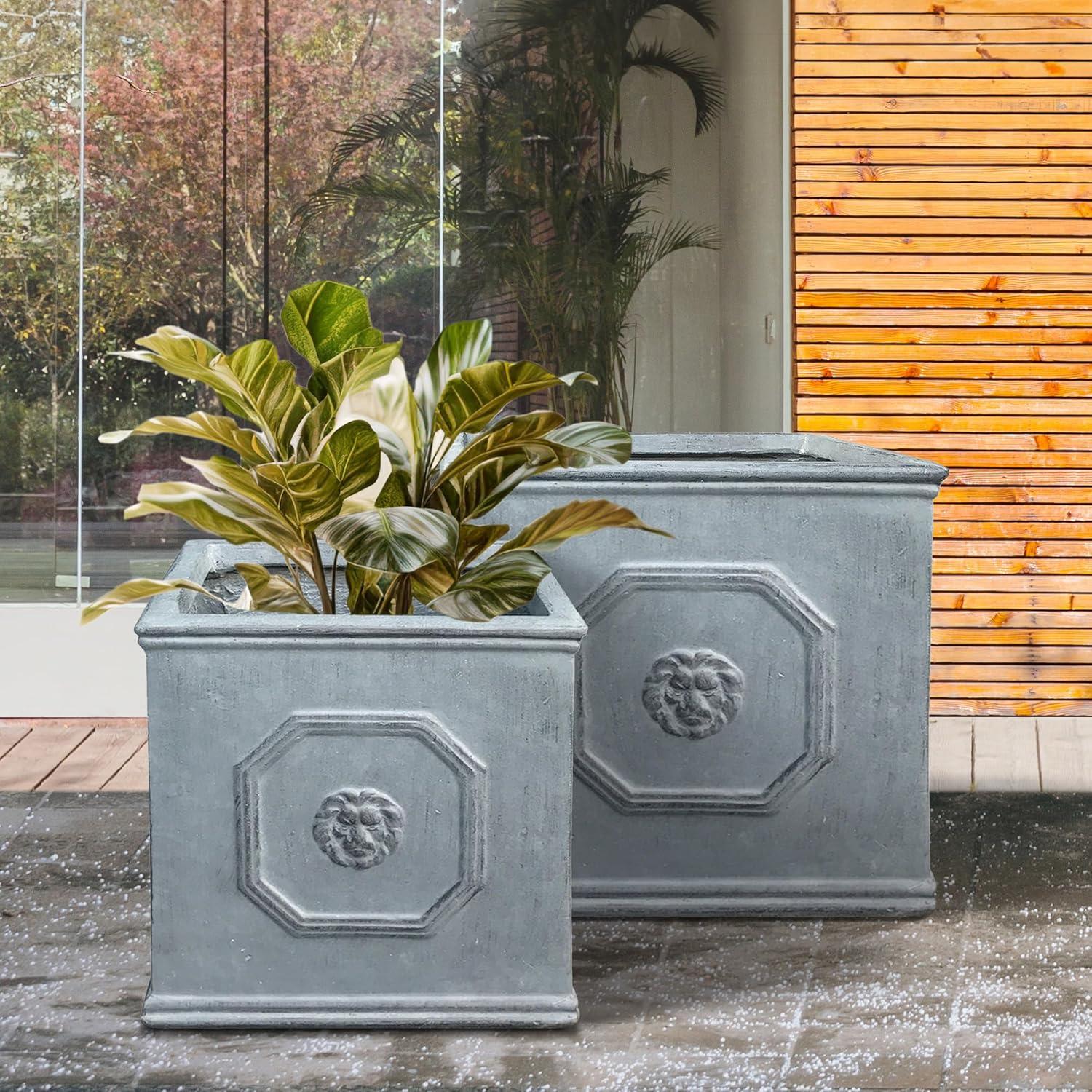 Kante 2 Piece 12.5" and 10.2"H Square Antique Gray Lightweight Classic English Style Lion Head Planters, Outdoor/Indoor Planters Pots with Drainage Hole Set