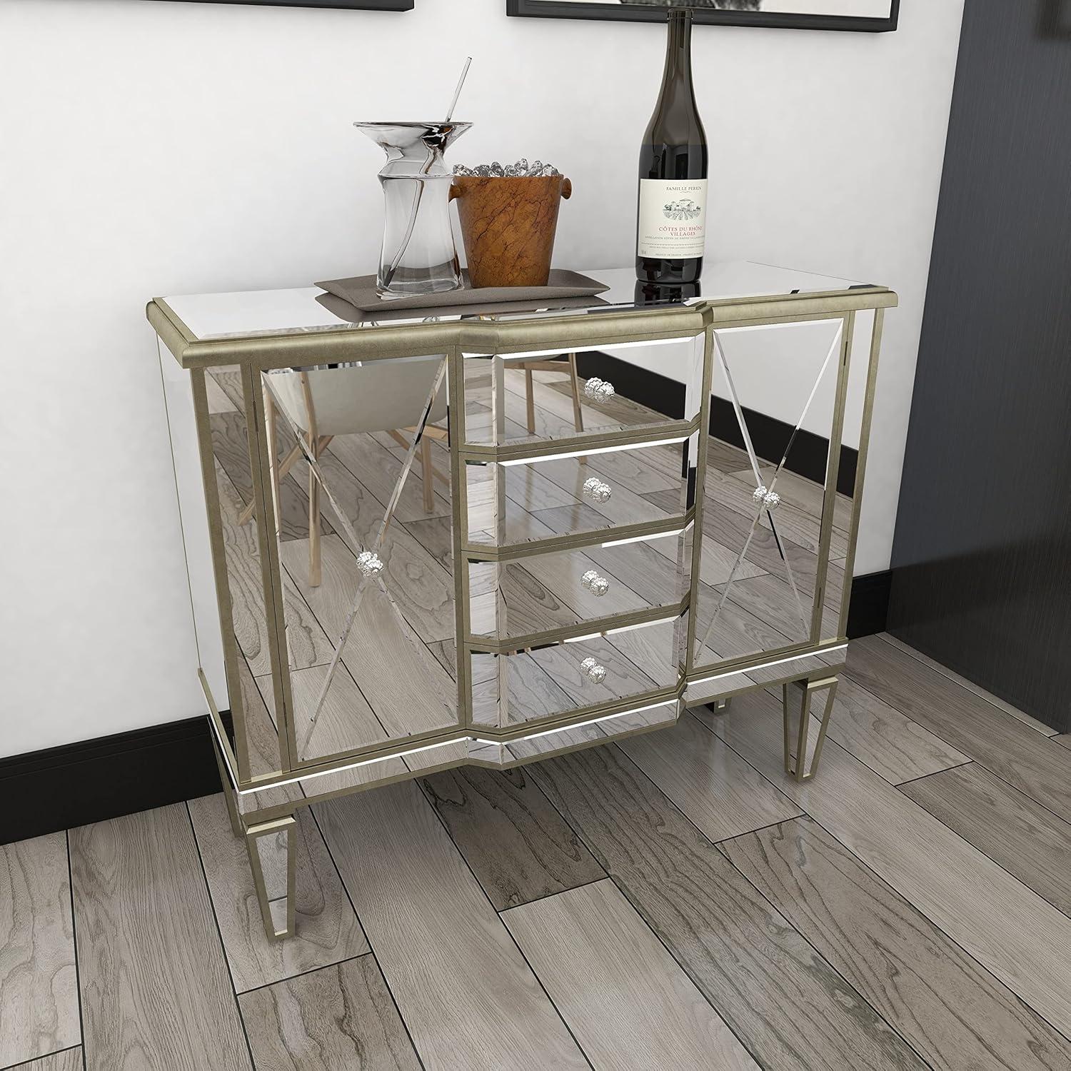 DecMode 39" x 34" Silver Wood Mirrored Panel 4 Drawers 2 Shelves and 2 Doors Buffet with Acrylic Knob Handles, 1-Piece