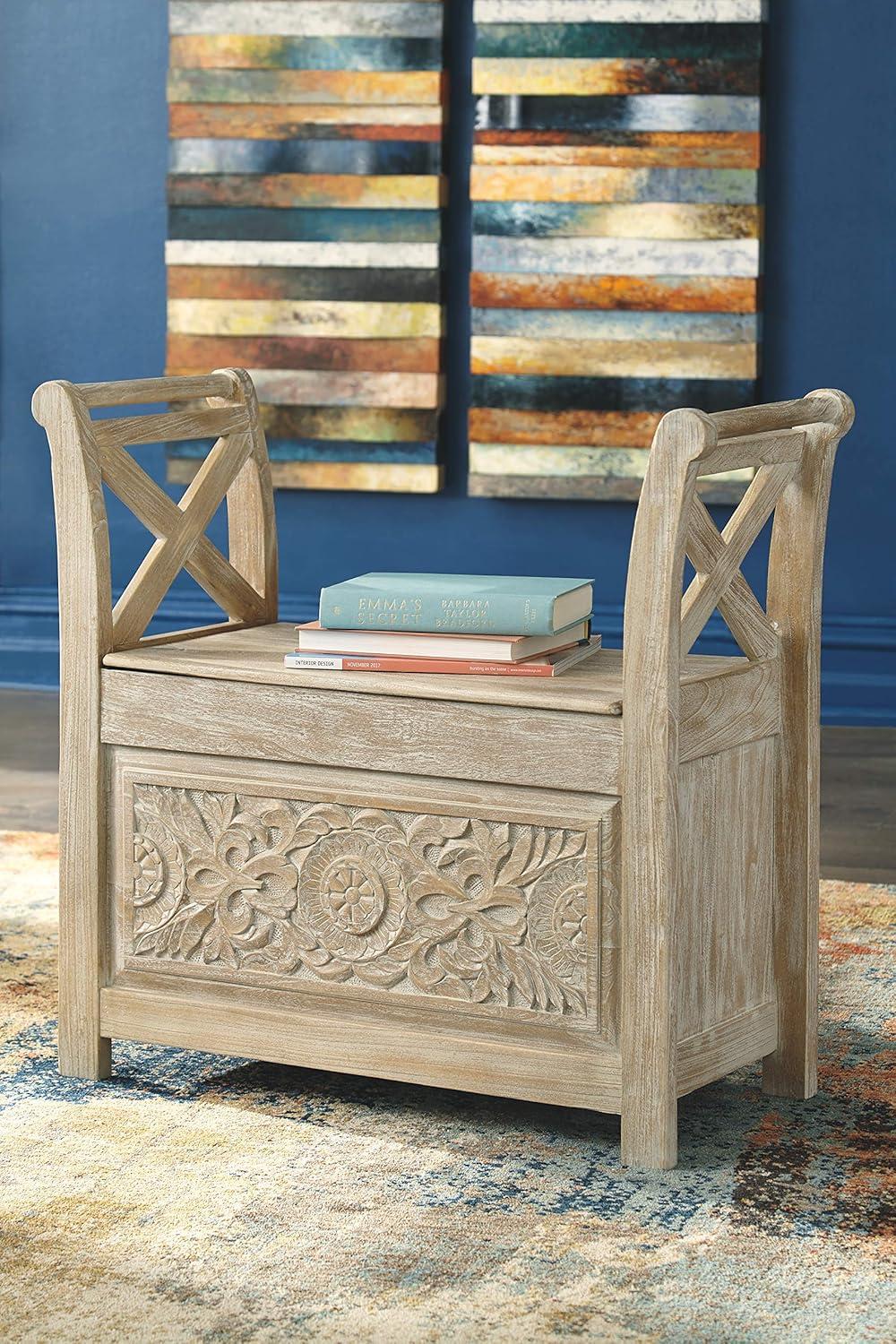 Fossil Ridge Accent Bench Whitewash - Signature Design by Ashley: Modern Storage Ottoman, Entryway Furniture