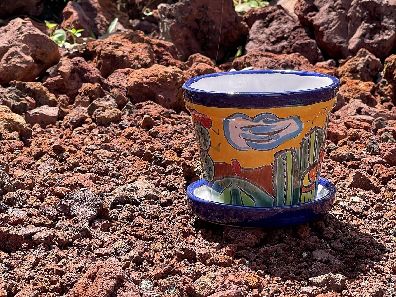 MEXTEQUIL 4" x 4" x 4" Round Yellow Ceramic Talavera Design Plant Pot with Drainage Holes