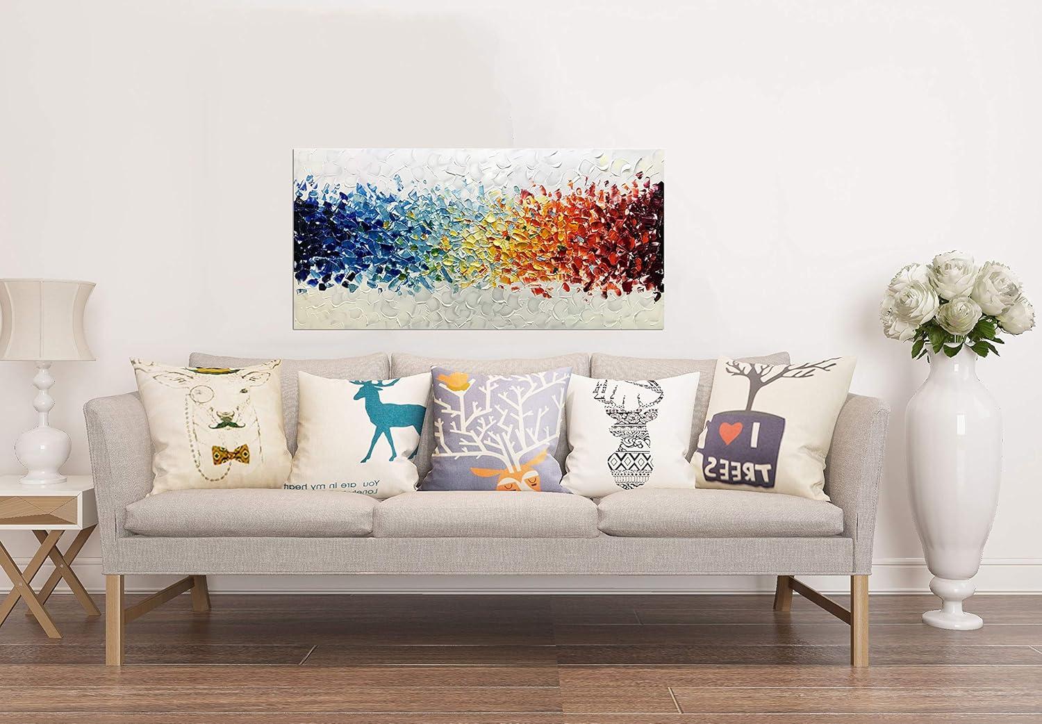 AMEI Art,24X48Inch Hand-Painted On Canvas Colorful White Background Abstract Oil Paintings Multi Color Wall Art Wood Inside Framed Ready to Hang