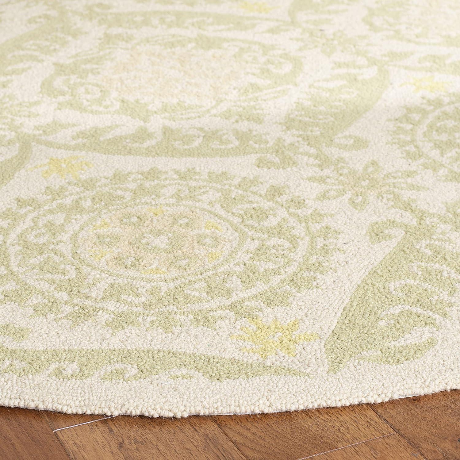 Ivory and Green Floral Hand-Hooked Wool Round Rug