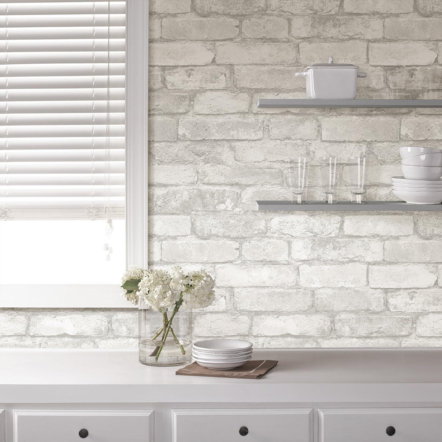 NuWallpaper Brick Peel & Stick Wallpaper White/Gray: Modern Brick Design, Self-Adhesive, Washable, 30.75 Sq Ft Coverage