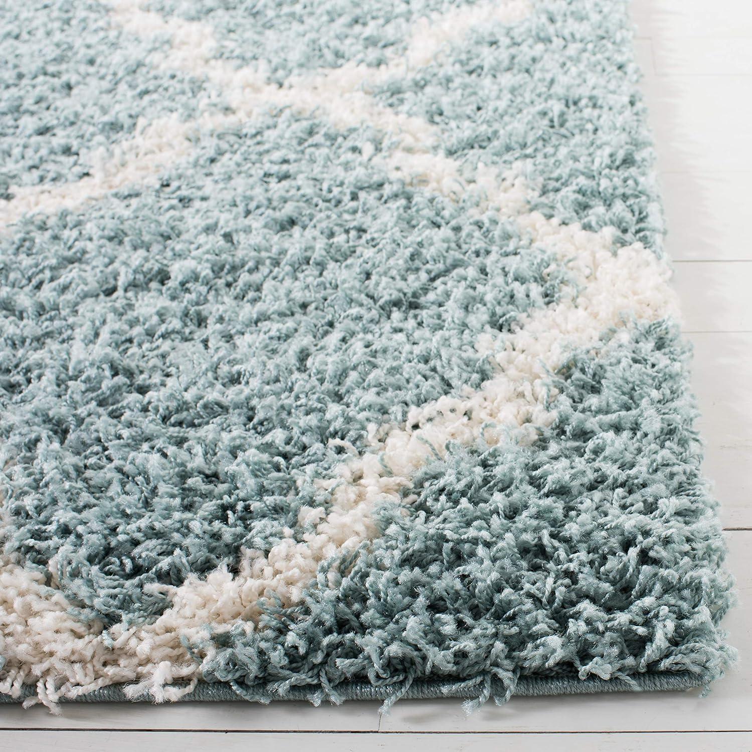 SAFAVIEH Daley Geometric Plush Shag Runner Rug, Seafoam/Ivory, 2'3" x 8'