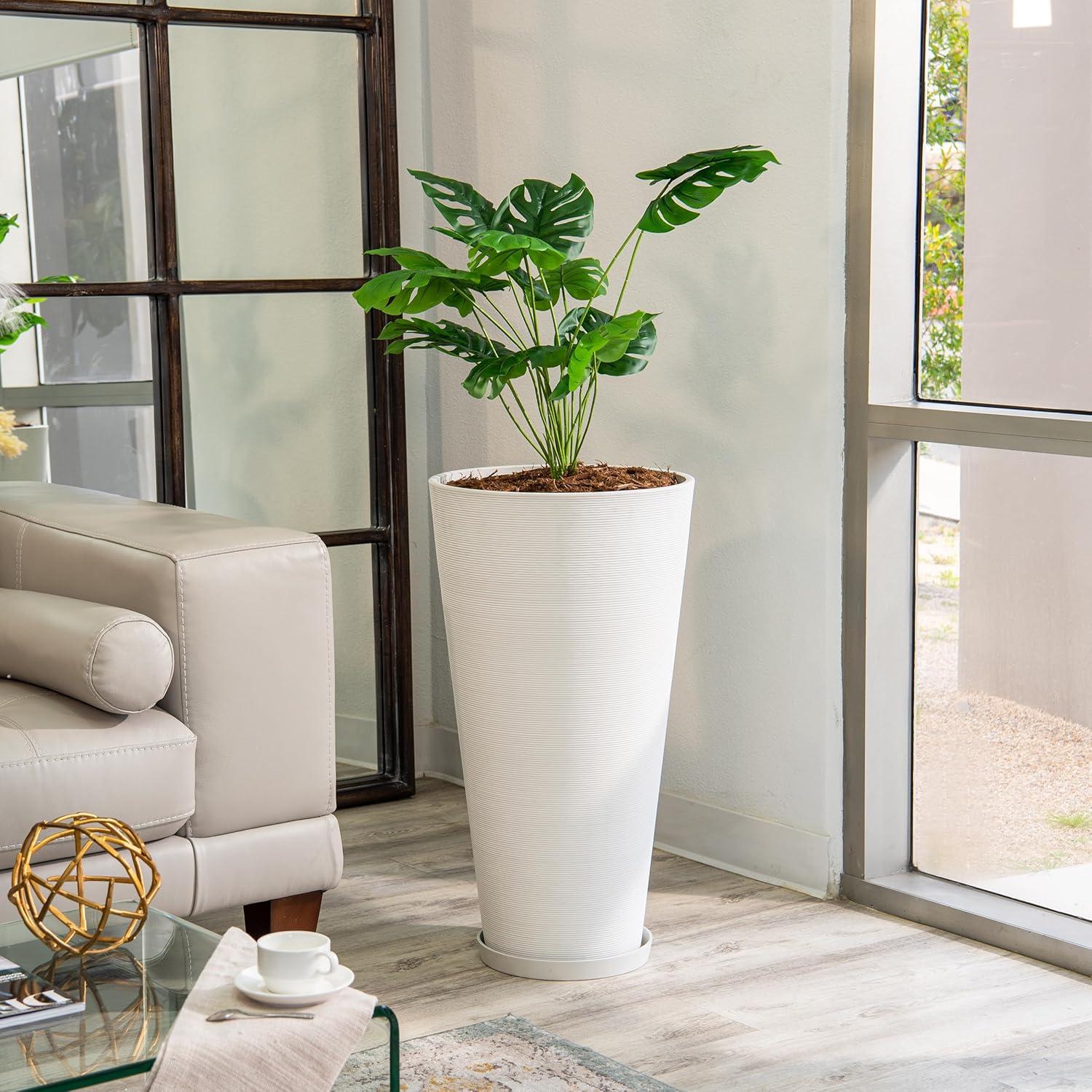 White Tall Round Self-Watering Indoor/Outdoor Planters Set