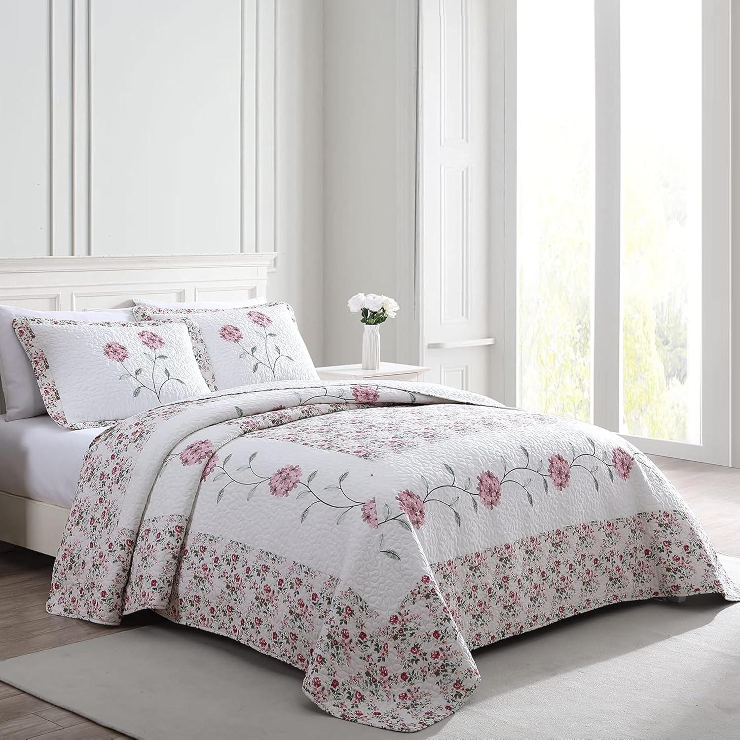 Rose Floral Embroidered Microfiber Full Bedspread