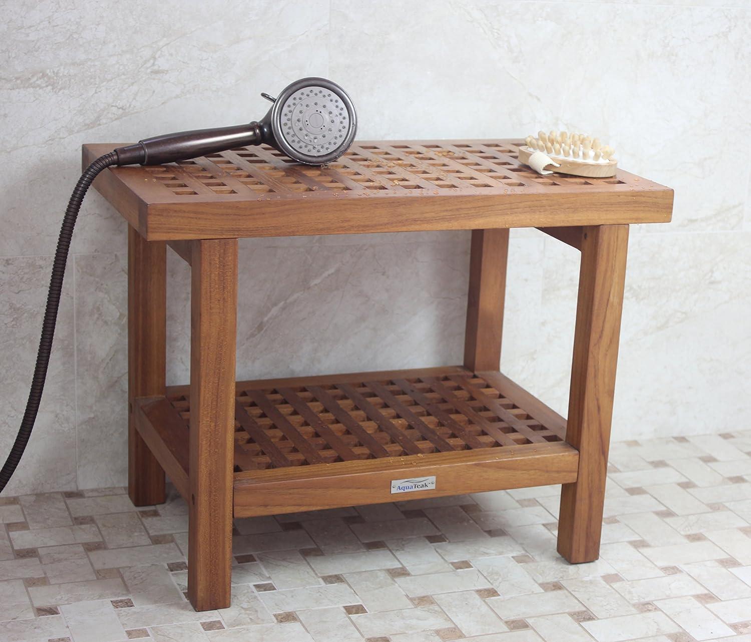 Teak Wood Grate Shower Bench with Shelf, 24 in. Wide