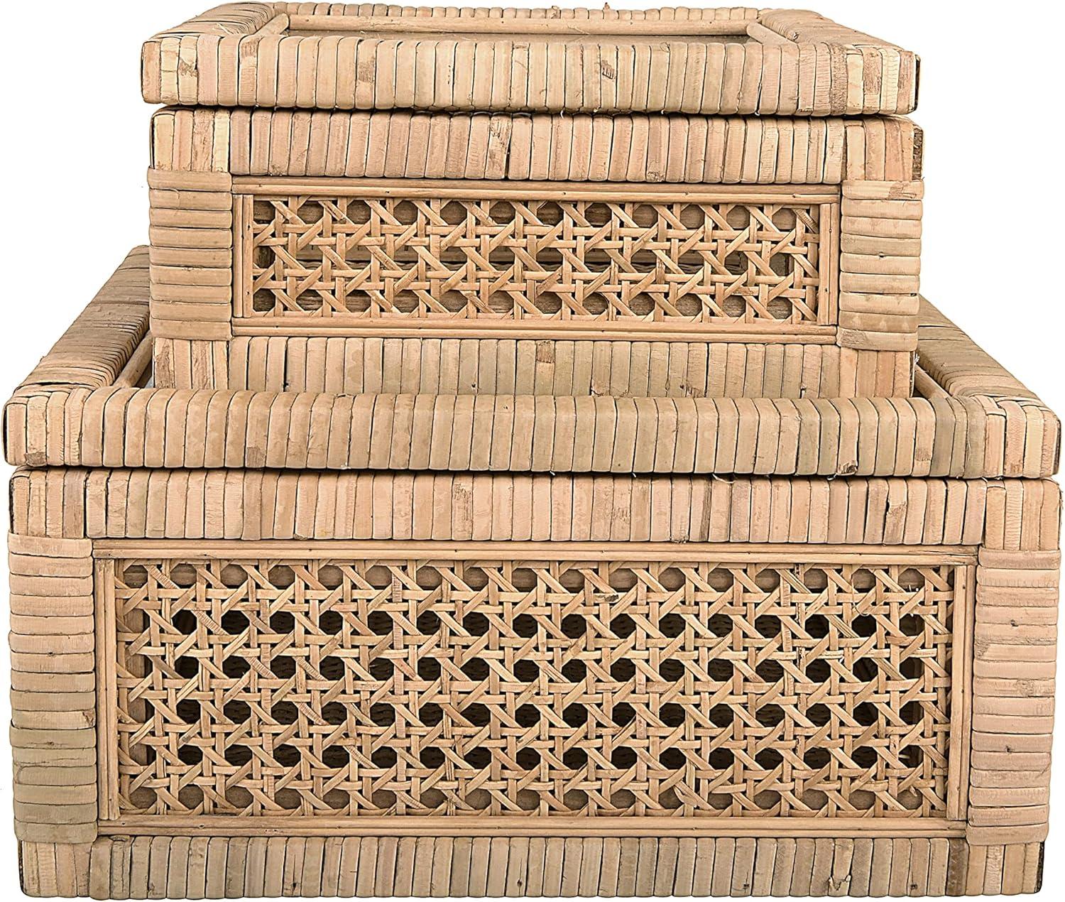 Natural Woven Rattan and Wood Lidded Display Boxes with Glass Lids, Set of 2