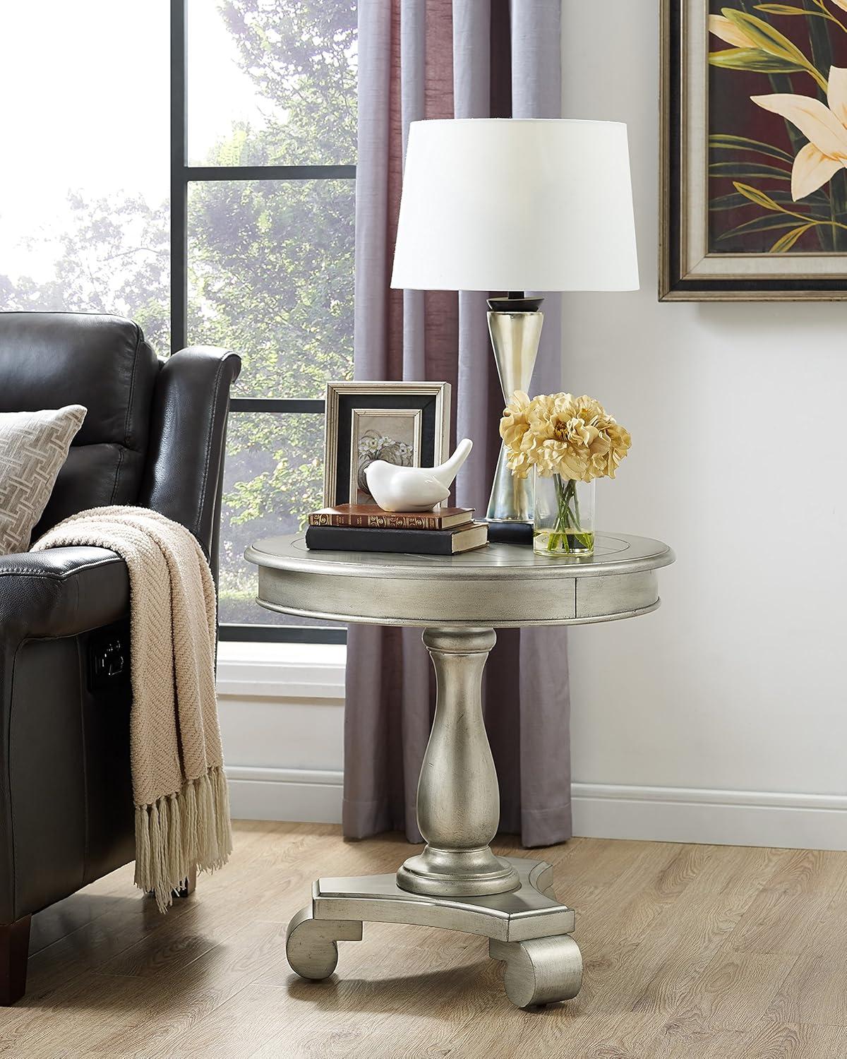 Roundhill Furniture Rene Round Wood Pedestal End Table in Champagne