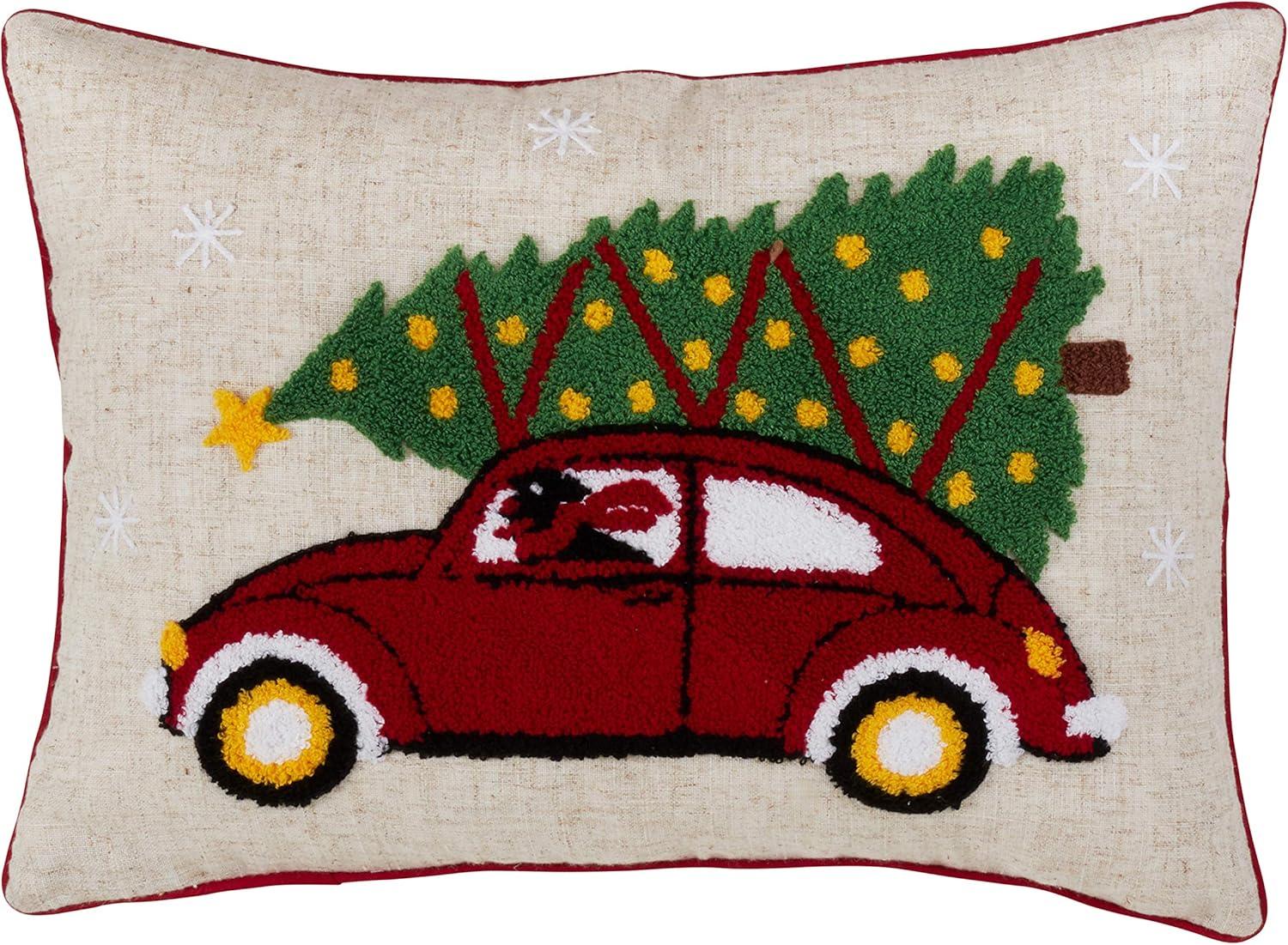 Saro Lifestyle Red Car And Christmas Tree Design Poly Blend Pillow With Down Filling, 14"x20", Multicolored