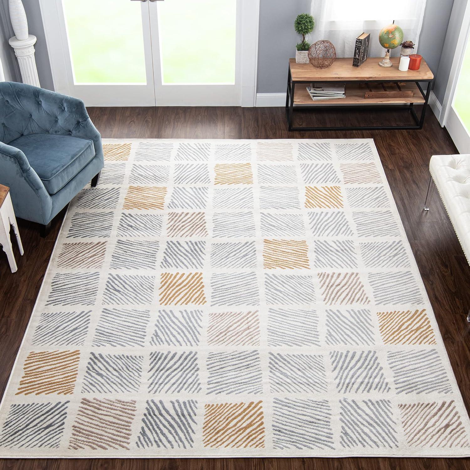 Gray and Beige Geometric Pattern Synthetic Area Rug