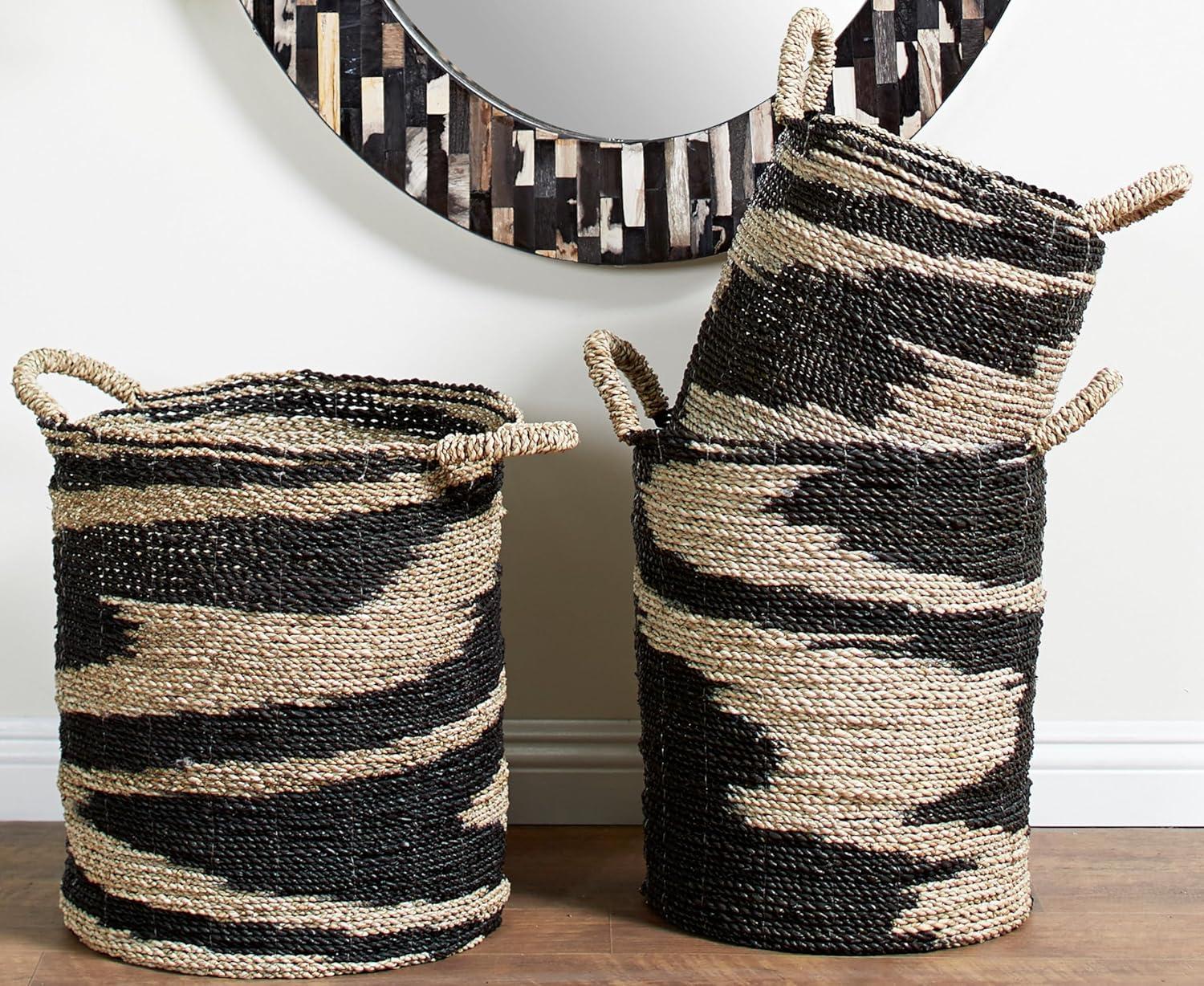 Deco 79 Seagrass Handmade Two Toned Storage Basket with Handles, Set of 3 18", 17", 16"H, Black