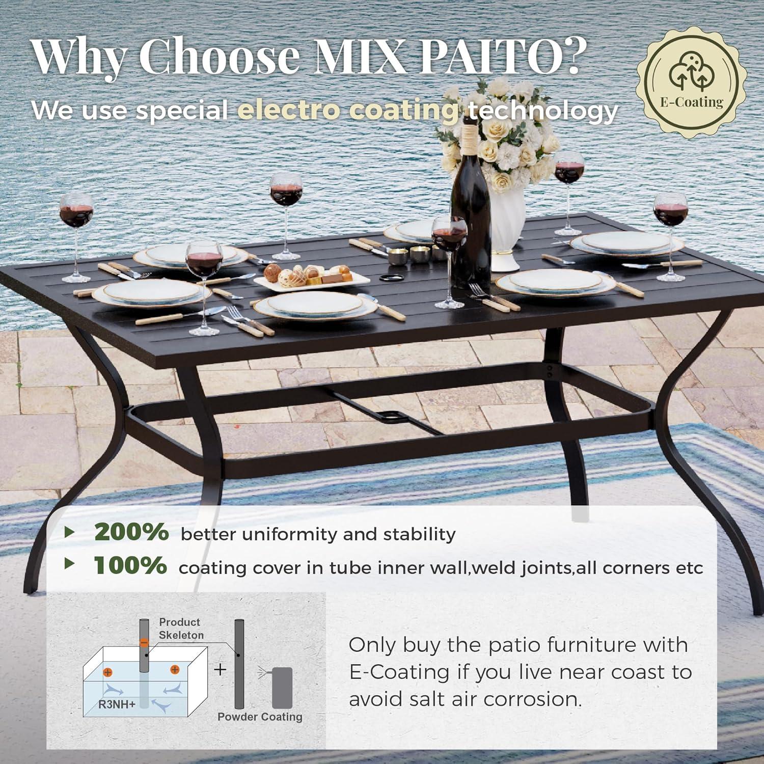 Summit Living 7-Piece Outdoor Patio Dining Set with Rectangle Steel Table with Wooden Tabletop & Textilene Chairs for 6-Person, Black & Blue