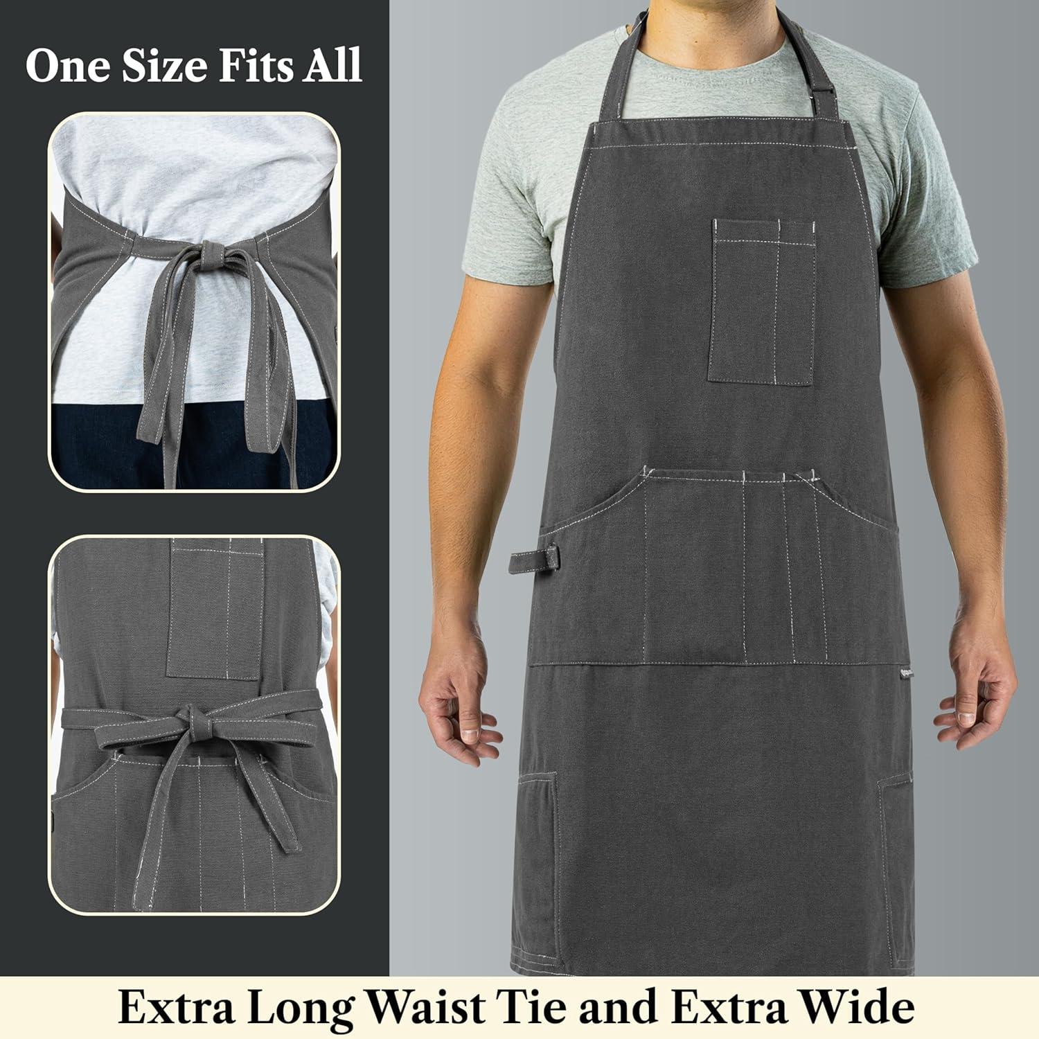 OPUX Chef Apron for Men, Kitchen Apron with Pockets for Women, Large Unisex Canvas Apron for Cooking Grilling BBQ Baking. (Grey)