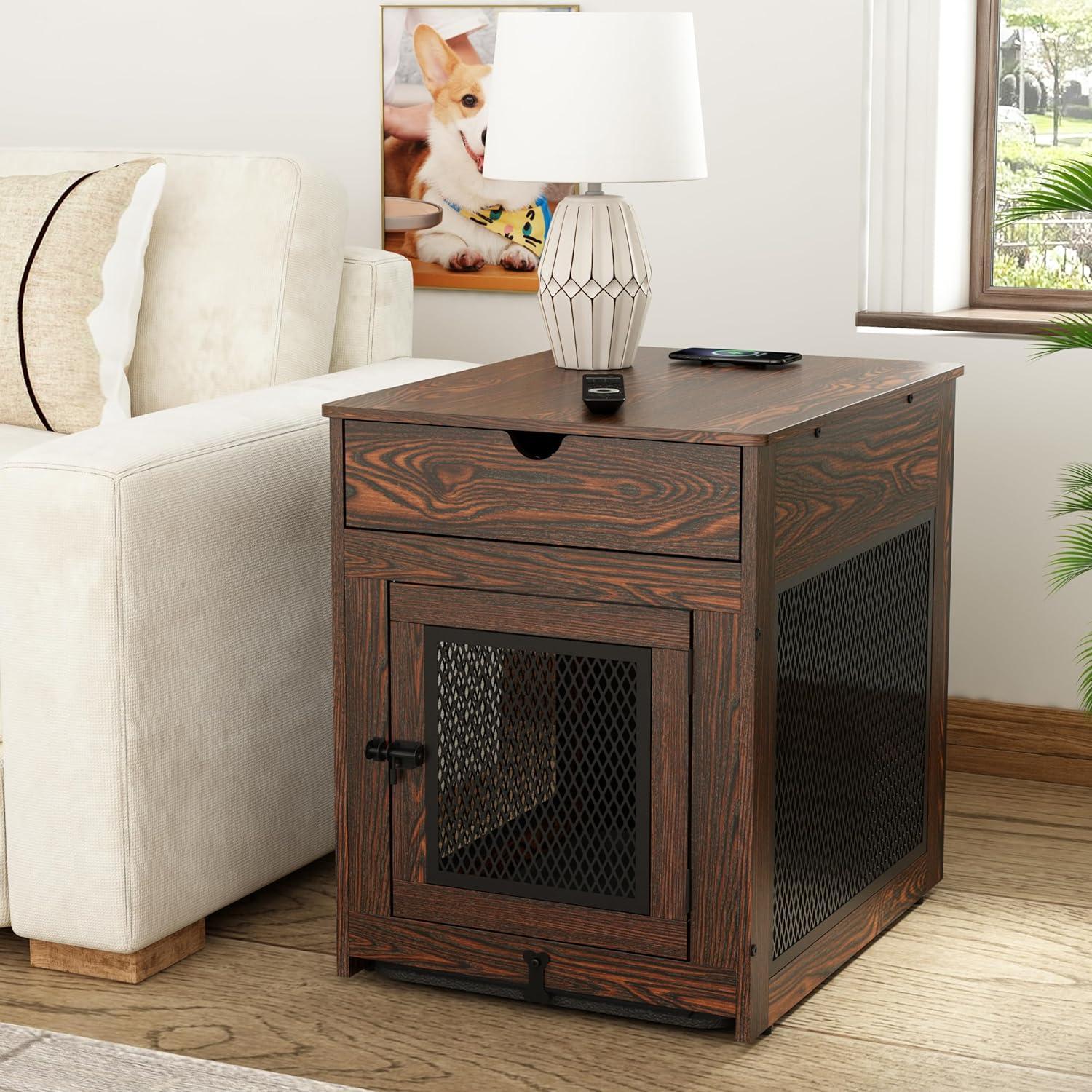 Small Brown MDF Dog Crate End Table with Storage Drawer