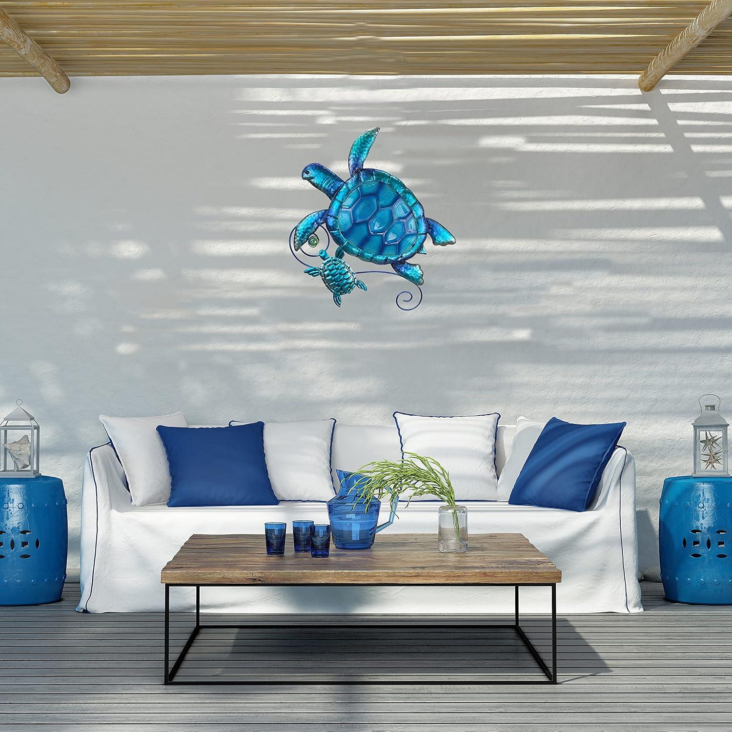 JOYBee Metal Sea Turtle Wall Art Decor Outdoor Indoor Nautical Hanging Art Blue Green Stained Glass Decorative Sculpture for Garden Pool Patio Balcony Kitchen or Bathroom(12.5 * 11inch)