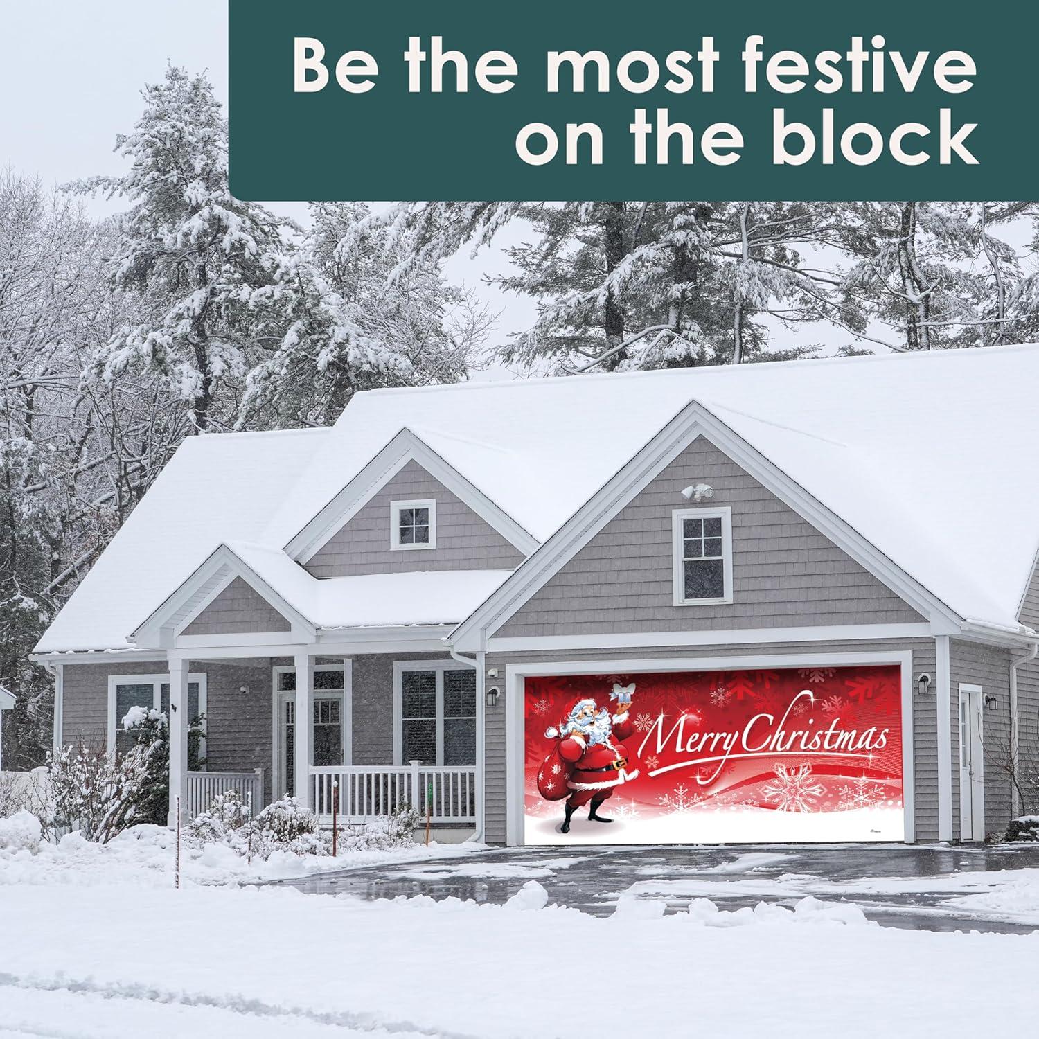Garage Door Banner Cover 7 x 16 ft, Merry Christmas Santa Claus Carring Gifts Christmas Garage Door Decorations Holiday Christmas Backdrop Decor for Winter New Year Xmas Party