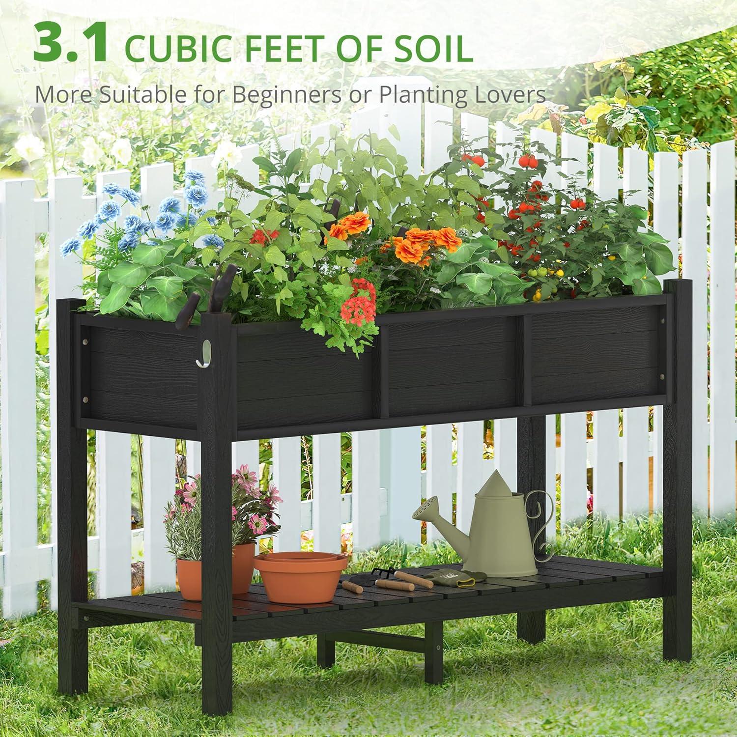 Black Elevated Poly Raised Garden Bed with Storage Shelf